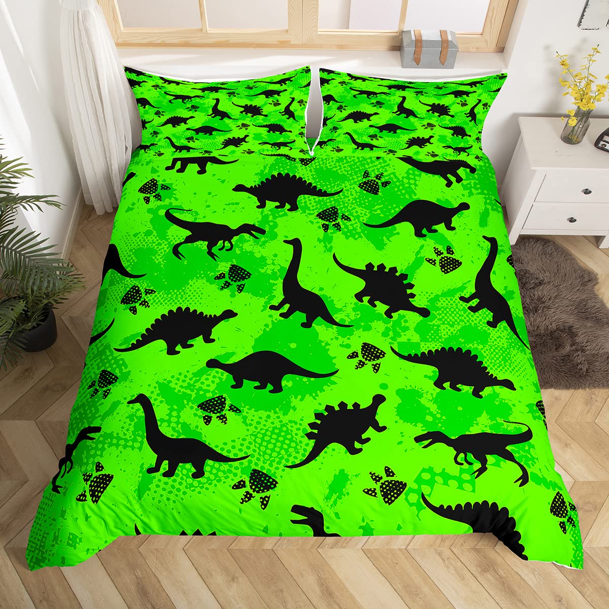 Dinosaur Bedding Set Twin Size for Kids - Wild Animal Print Duvet Cover & Comforter Set | Cute Dino Bedding for Boys & Girls | Yellow-Green Camo Quilt Cover 2-Piece Set | Perfect for Kids' Room Decor & Dinosaur Themed Bedrooms