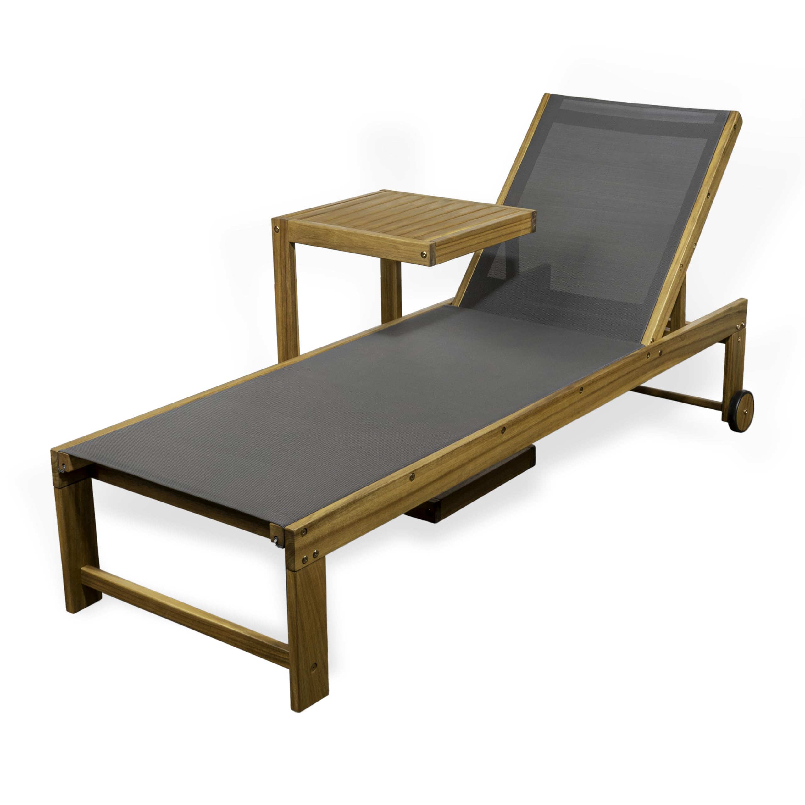 Modern Acacia Wood Outdoor Chaise Lounge Set with Side Table - 3-Position Adjustable, Dark Gray/Teak Brown - Coastal & Contemporary Design for Patio, Poolside, or Backyard Relaxation
