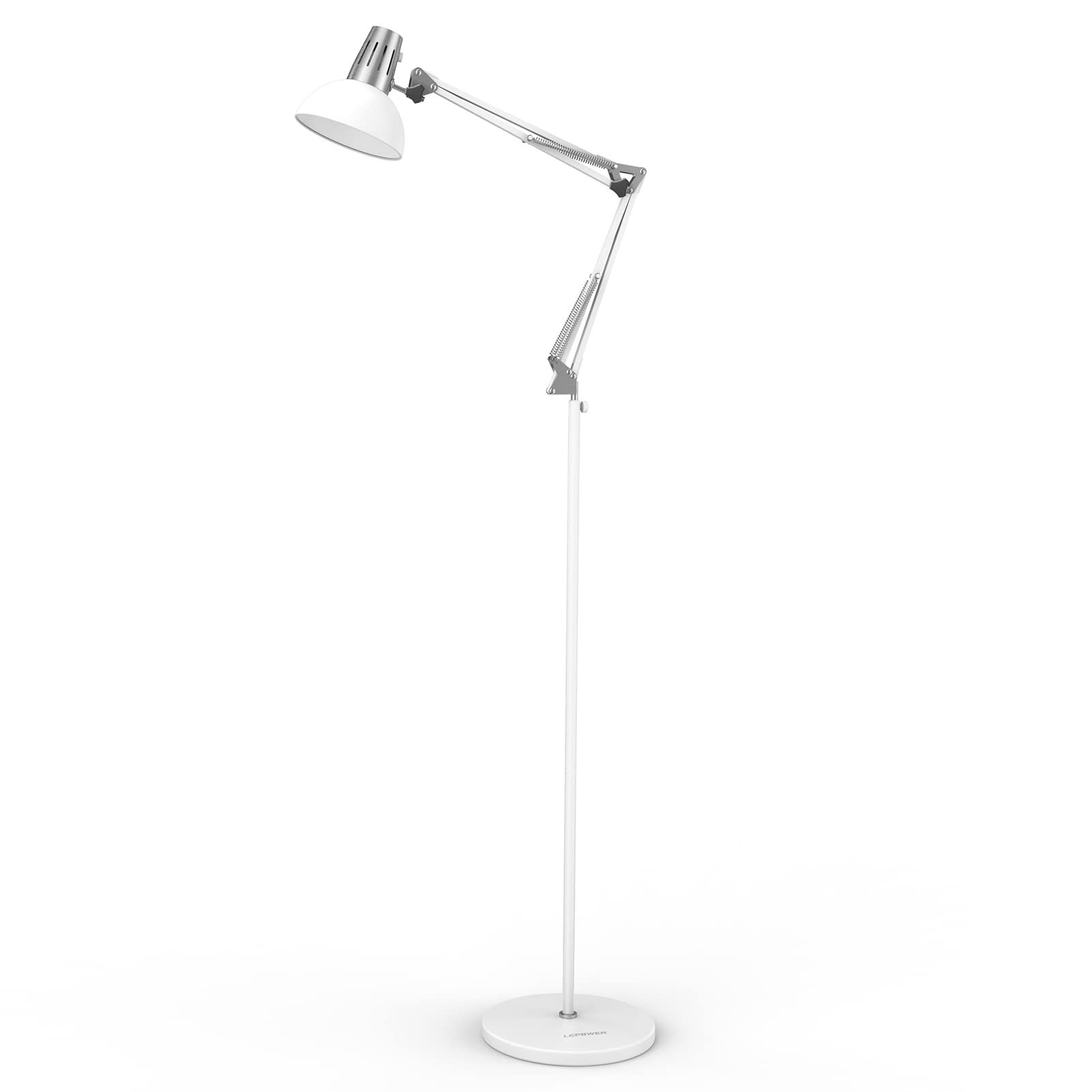 LEPOWER Swing Arm Floor Lamp with Heavy Metal Base - Adjustable Industrial Standing Light, E26 Socket, Modern Reading Lamp for Living Room, Bedroom, Office (White) | Perfect for Cozy Reading Nooks & Workspace Lighting