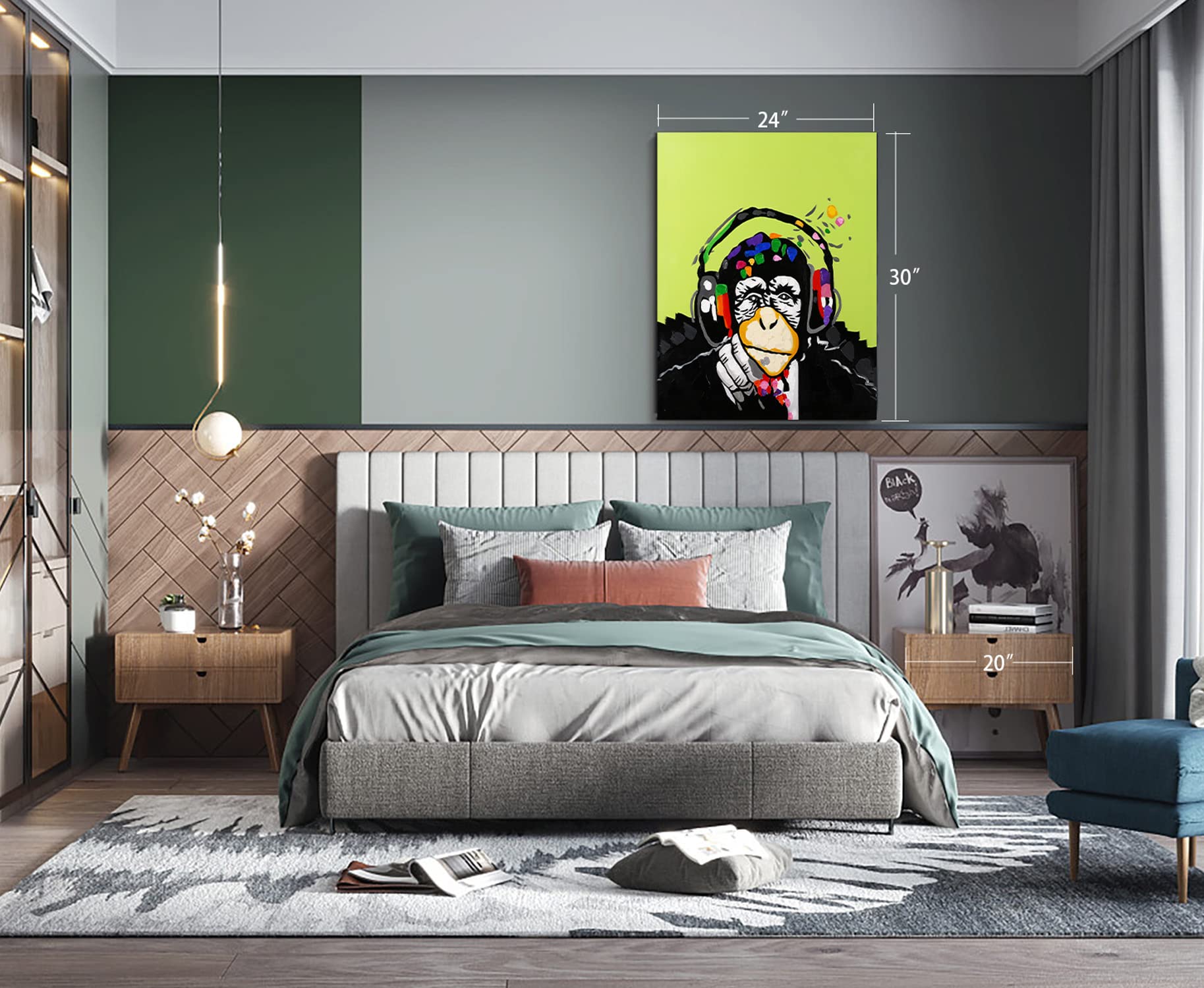 Modern Animal Pop Art Framed Canvas Print - Monkey Music with Headphones Wall Decor for Living Room, Bedroom & Office - 27x39 Inch Gallery Wrapped Inner Frame Artwork