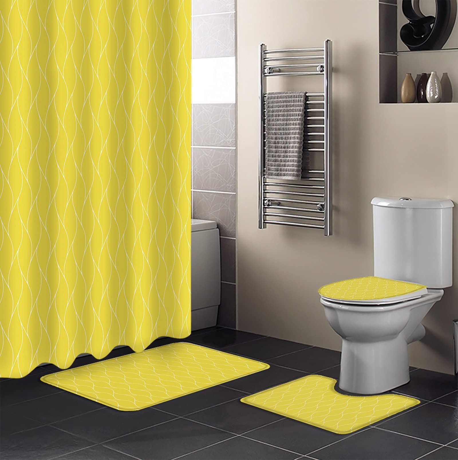 Non-Slip 4-Piece Bathroom Set - Waterproof Geometric Wavy Texture Shower Curtain, Toilet Lid Cover & Yellow Bath Mats - Perfect for Bathroom Decor & Tub Safety
