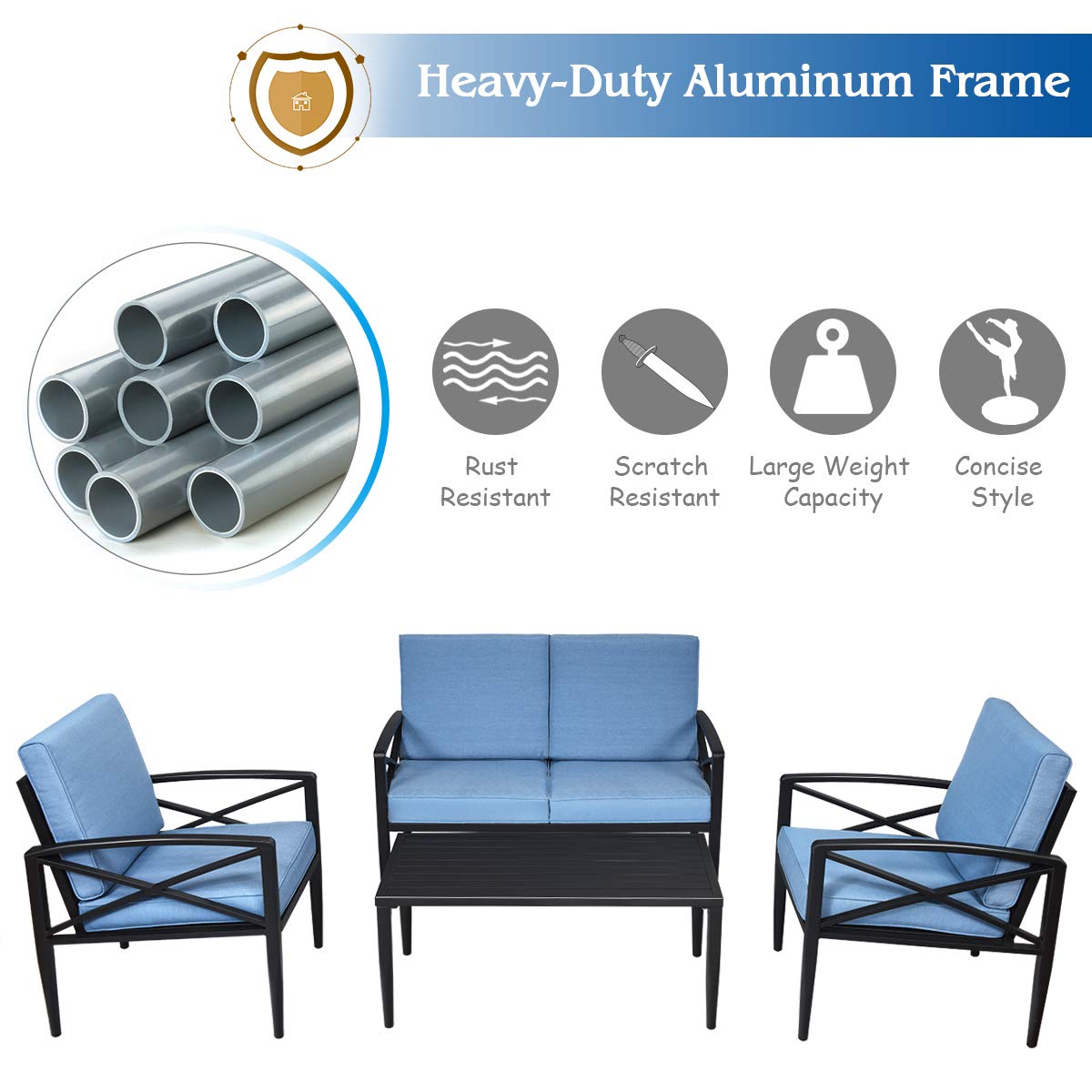 Tangkula 8-Piece Outdoor Patio Furniture Set - 2 Loveseats, 4 Single Sofas & 2 Coffee Tables with Cushions - Durable Aluminum Garden Conversation Set for Backyard, Poolside, Deck or Terrace (Blue)