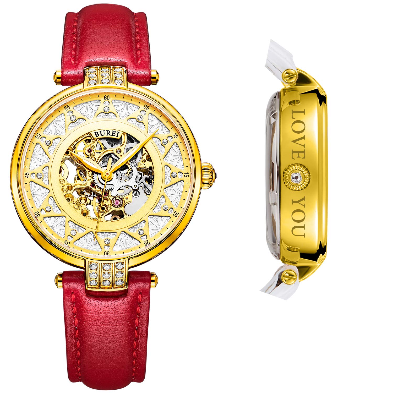 BUREI Women's Automatic Watch - Personalized Custom Hollow-Out Dial with Sapphire Crystal, Rhinestone Markers & Genuine Leather Strap - Perfect for Business, Party & Everyday Wear