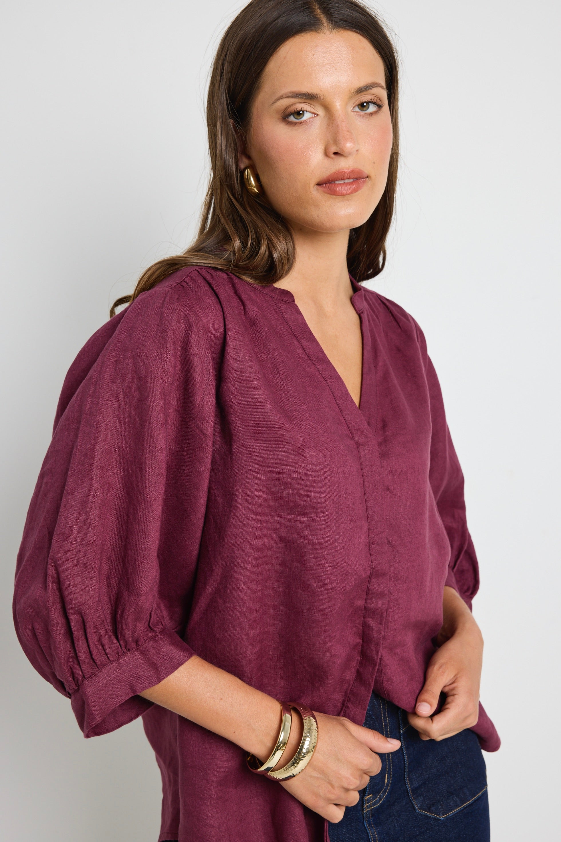 Deity Women's Burgundy Plum Linen Button-Down Blouse with Puff Sleeves - Elegant Casual Top for Office, Date Night & Summer Outfits