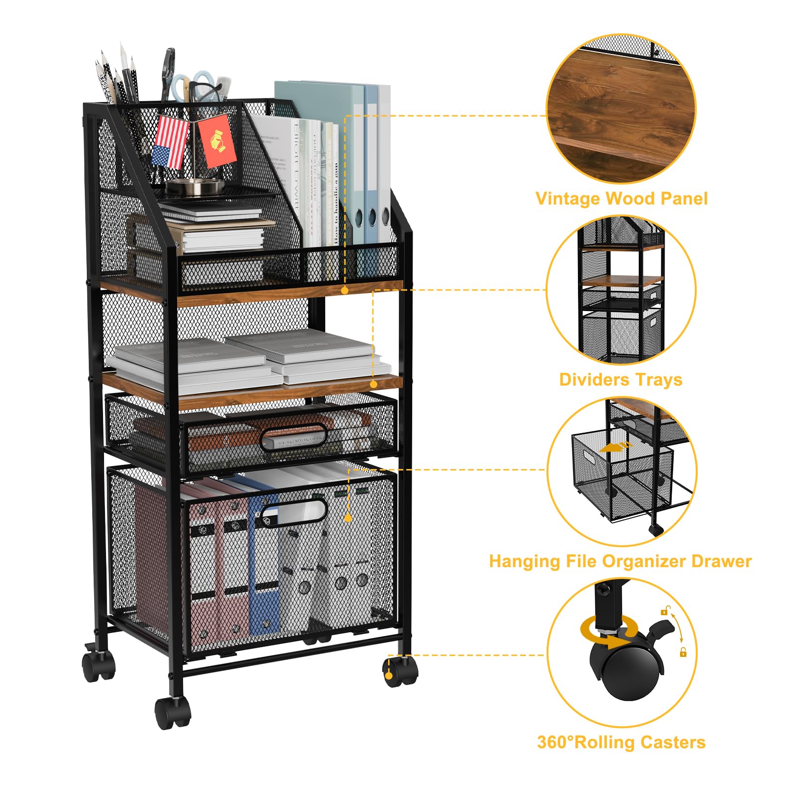 2-Drawer Rolling File Cart with Lockable Wheels - Wood & Mesh Under Desk Organizer for Office, School & Home - Space-Saving Storage Solution for Files, Supplies & Documents