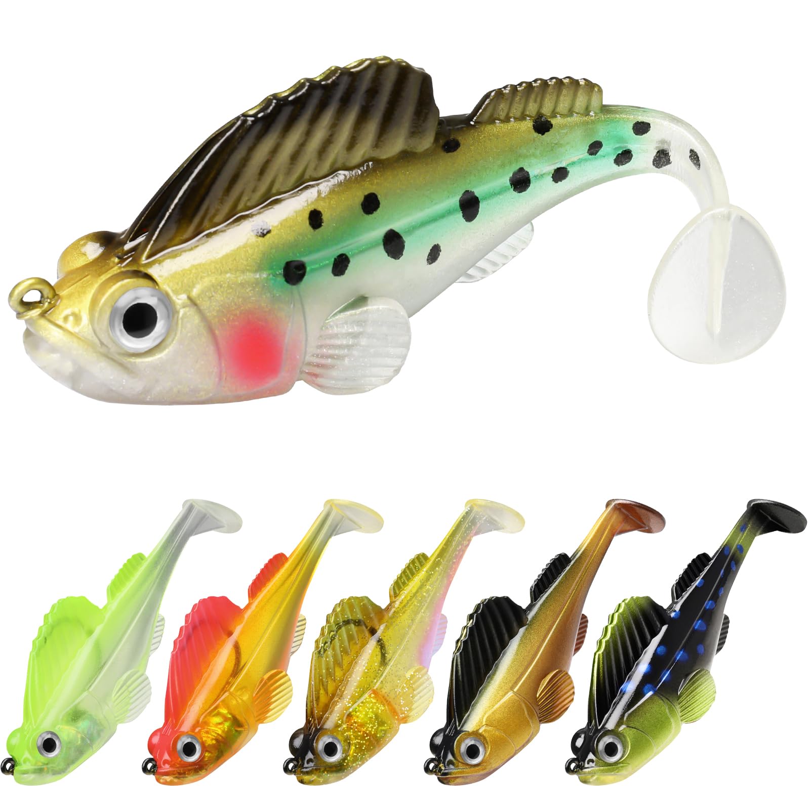 GOTOUR Pre-Rigged Jig Head Fishing Lures - Soft Jointed Swimbaits for Bass, Walleye & Shad | Weedless Tadpole Lure with Spinner | Freshwater & Saltwater Fishing Jigs | Perfect for Lake, River & Ocean Fishing