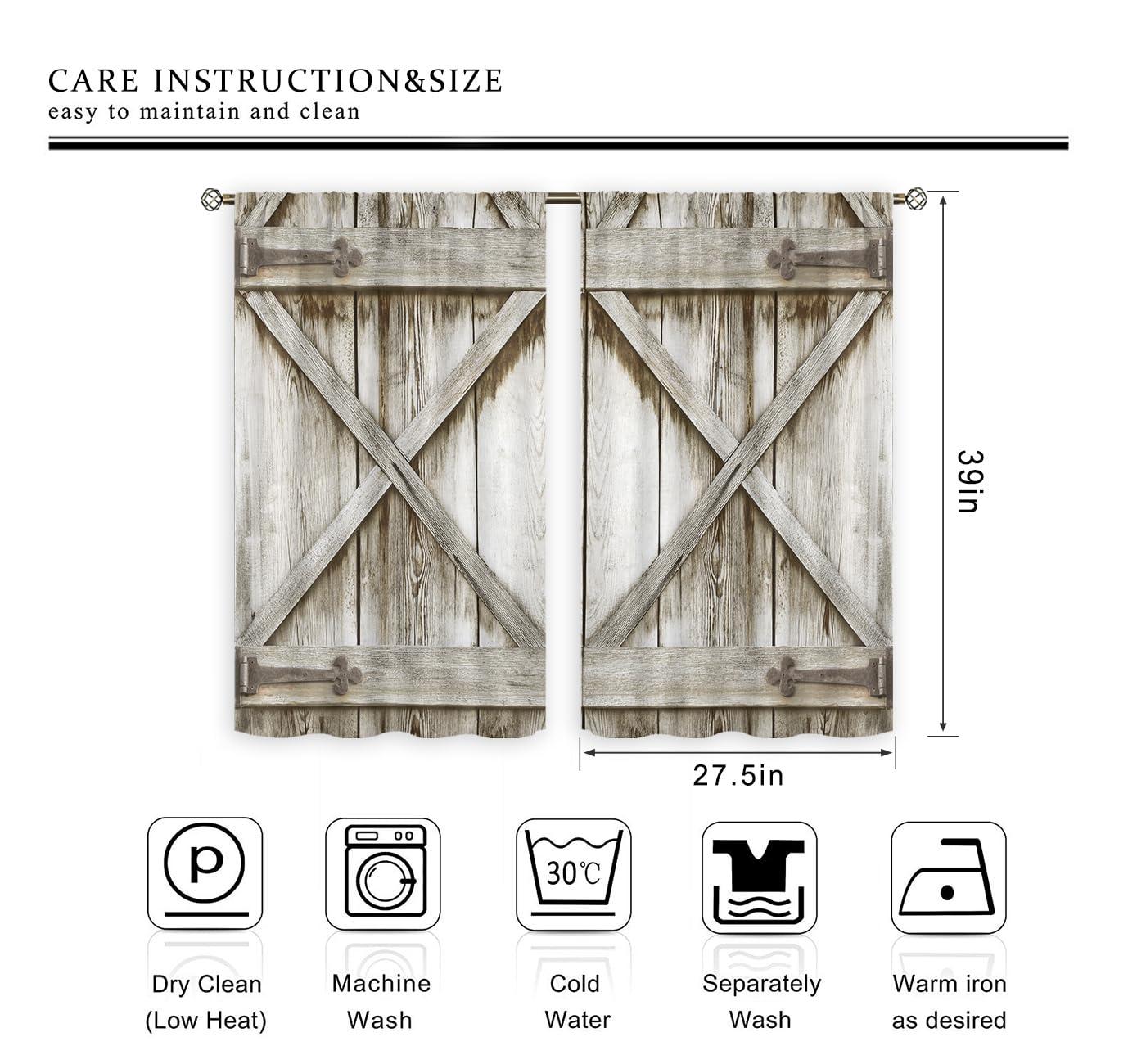Rustic Farmhouse Kitchen Window Curtains - Wooden Barn Door Design, 27.5