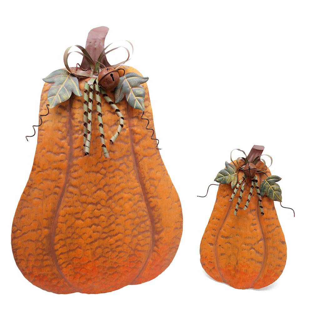 Attraction Design Metal Fall Pumpkin Decor Set of 2 - Indoor/Outdoor Standing Flat Pumpkin Decorations for Autumn, Harvest, Thanksgiving & Halloween - Perfect for Home, House, Kitchen, Porch, and Garden Seasonal Decor