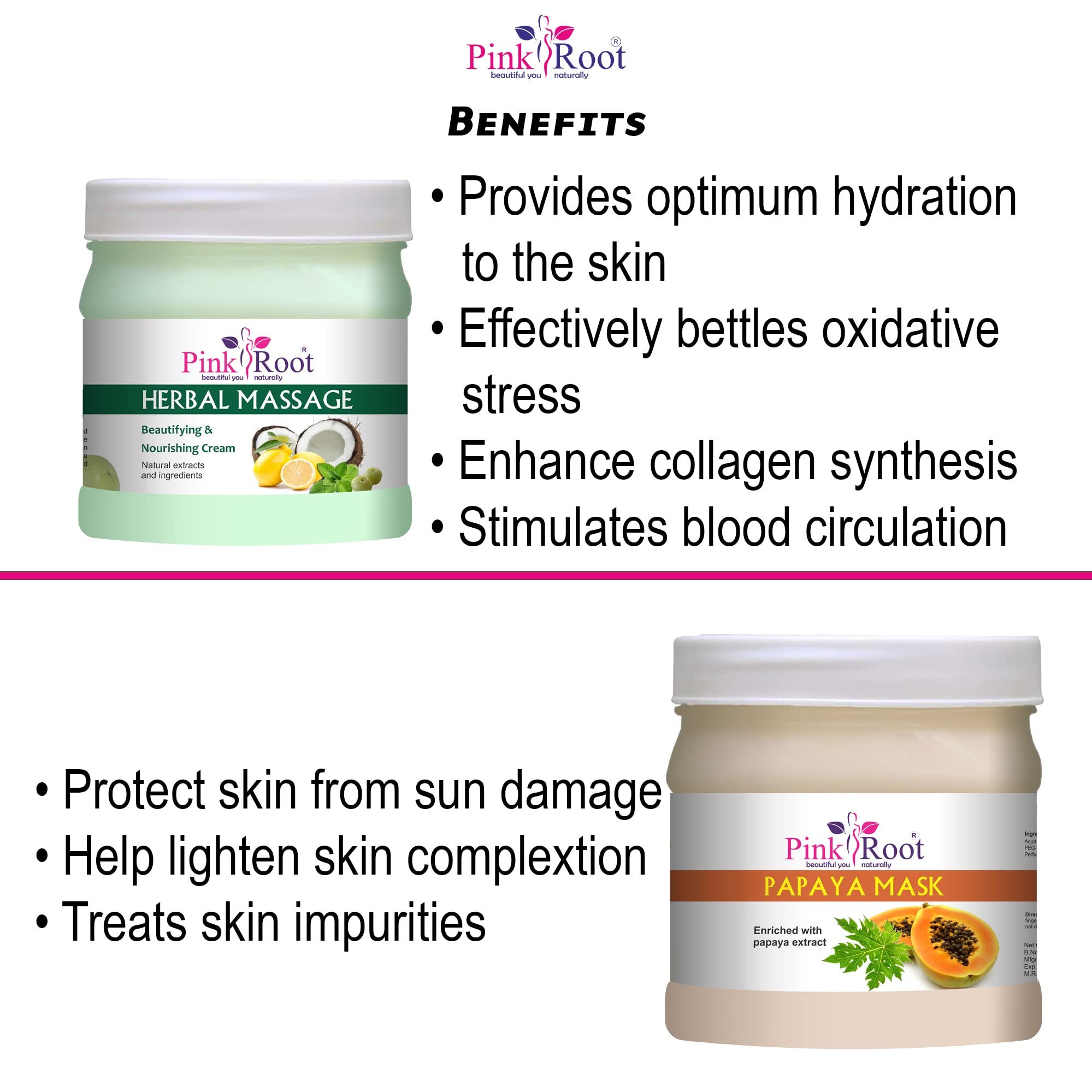 Pink Root Herbal Massage Cream 500g & Papaya Mask 500g - Natural Skincare Set for Relaxation & Brightening | Perfect for Spa, Home Massage & Facial Care