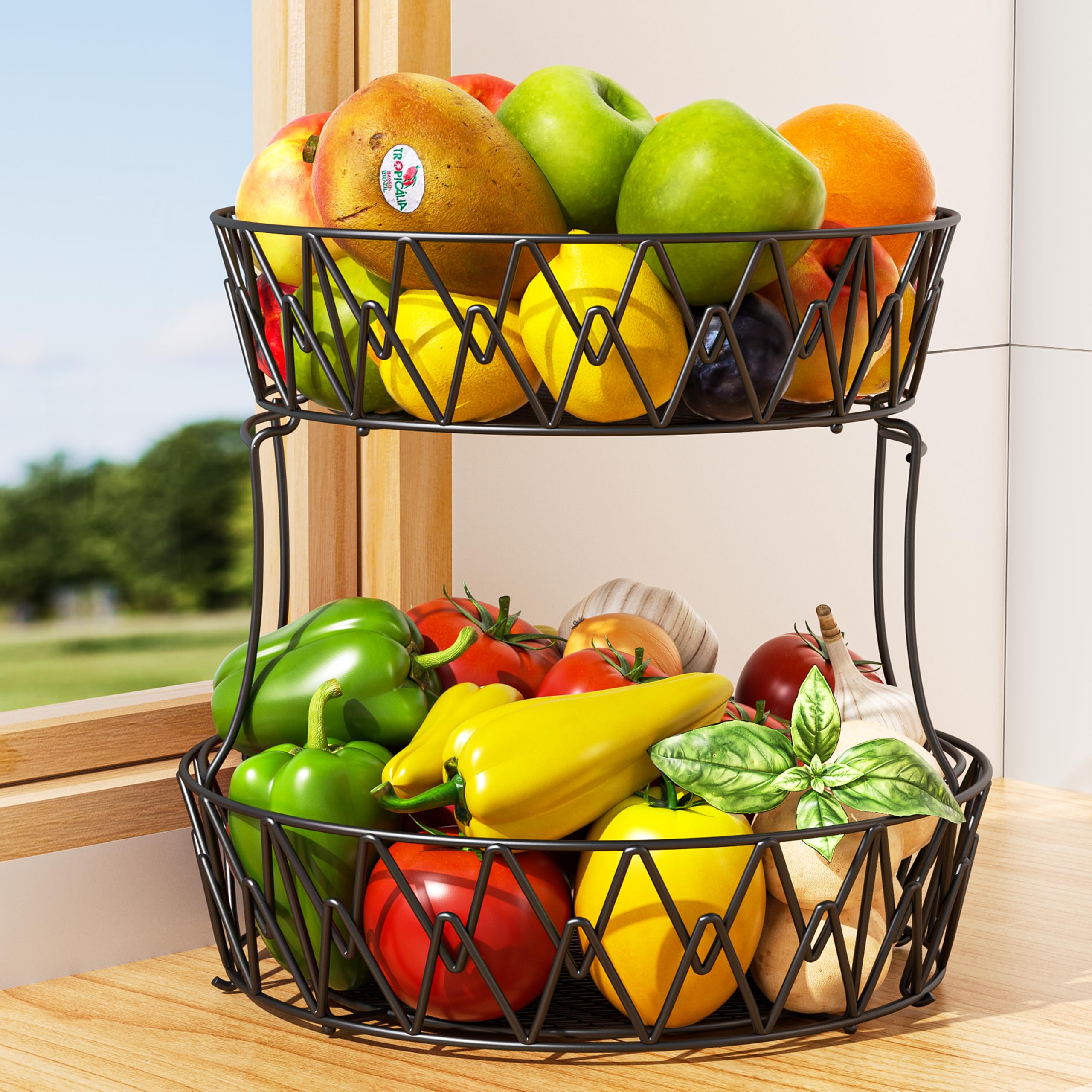 2-Tier Stackable Metal Wire Fruit Basket for Kitchen Counter - Round Corner Fruit & Vegetable Holder for Fruits, Veggies, Snacks, Onions - Perfect for Small Kitchen Spaces & Countertop Organization