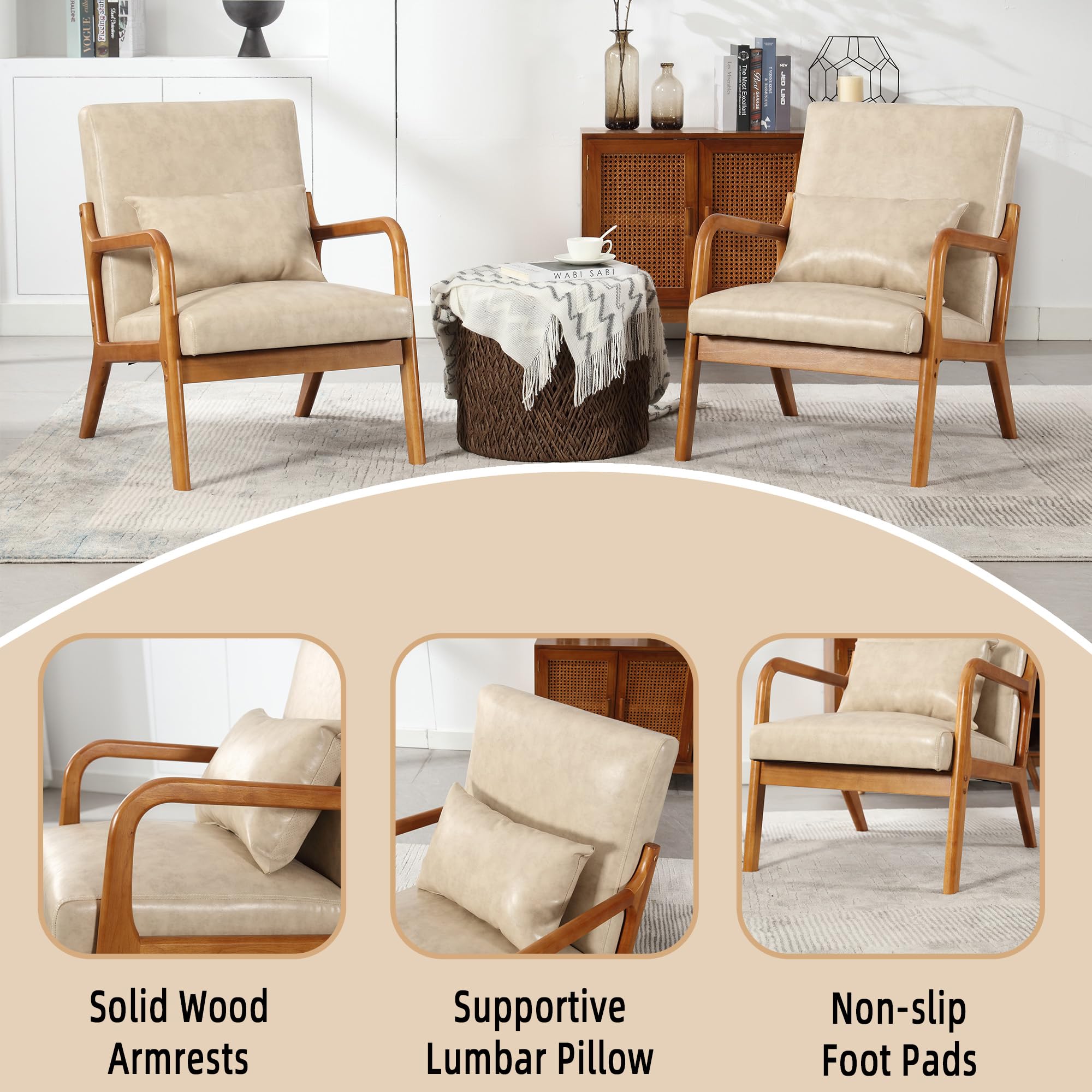 Mid-Century Modern Wooden Armchair with Padded Backrest & Seat Cushion - Comfortable Accent Chair for Living Room, Study or Apartment - Perfect Reading Chair & Lounge Seating (Khaki) - Ideal for Home Office, Coffee Nook & Cozy Corners