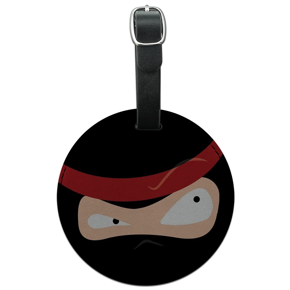 Funny Round Leather Luggage Tag - Ninja Face Design for Suitcases & Carry-On Bags | Durable ID Tag for Travel Accessories (Perfect for Business Trips & Vacation)