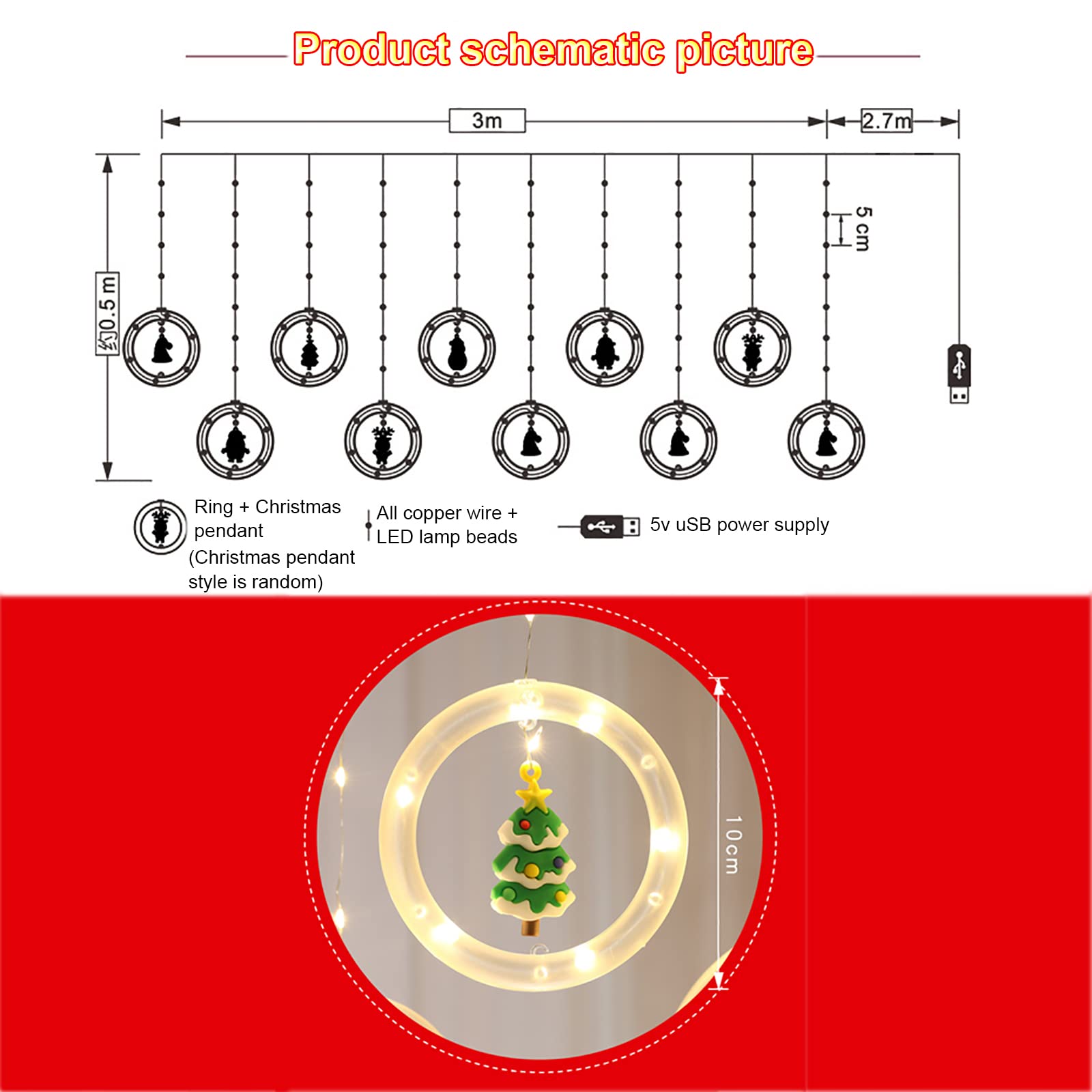 Waterproof USB Powered LED String Lights - 10ft Santa Claus Snowman Reindeer Fairy Lights for Indoor Outdoor Christmas Party Bedroom Window Decorations - Twinkle Curtain Hanging Lights for Holiday, Wedding, Garden & Home Decor