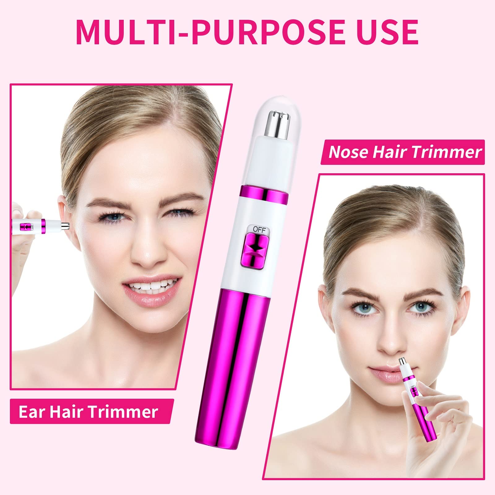 Professional Painless Nose & Ear Hair Trimmer for Women - Battery Operated Waterproof Eyebrow & Facial Hair Clipper with Dual Edge Blades for Easy Cleaning - Perfect for Travel, Home Use & Personal Grooming