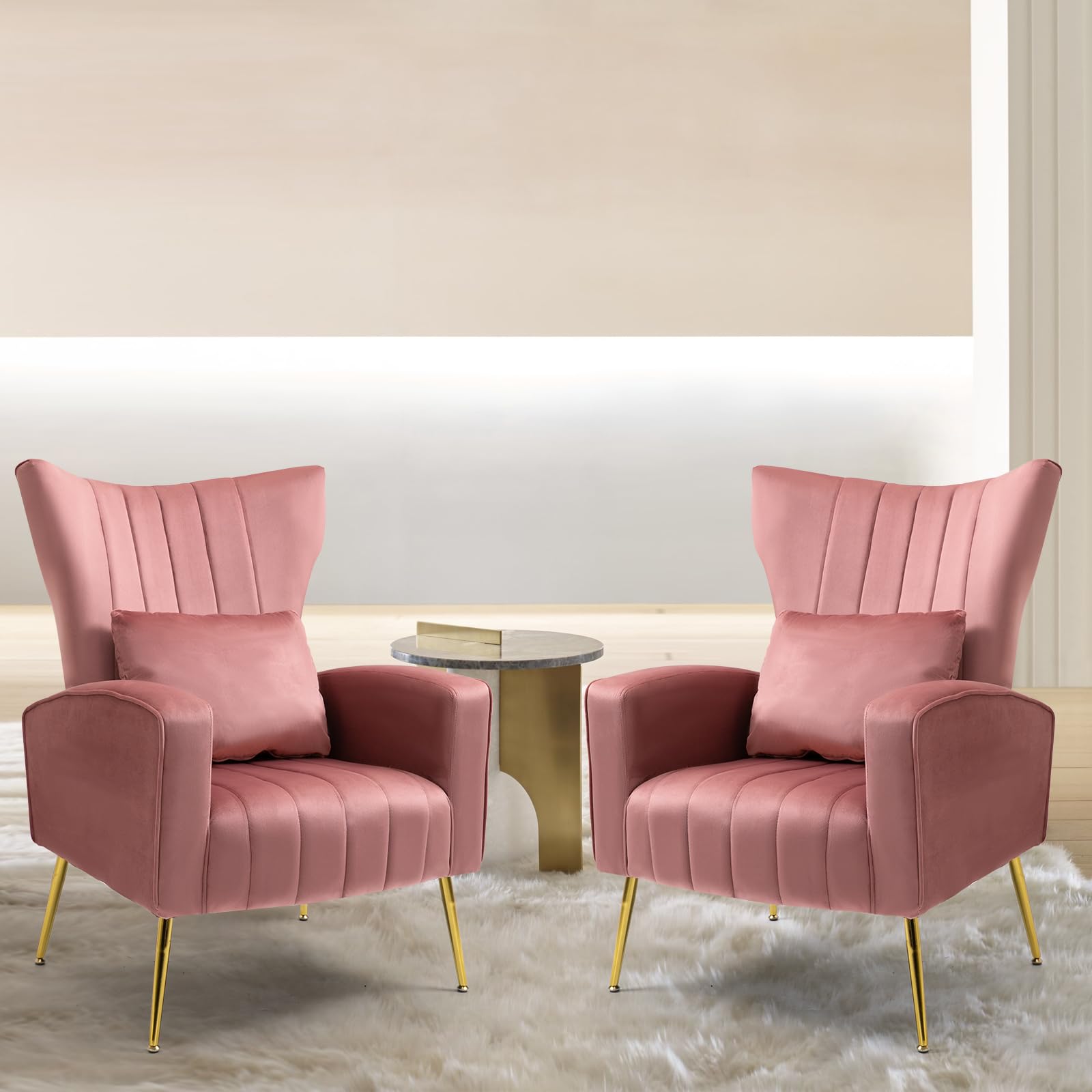 X-VOLSPORT Velvet Accent Chairs Set of 2 - Mid Century Modern High Back Living Room Chairs with Waist Pillow, Upholstered Armchairs with Gold Metal Legs for Bedroom, Club, Office & Lounge - Soft Pink Velvet Fabric for Cozy Home Decor