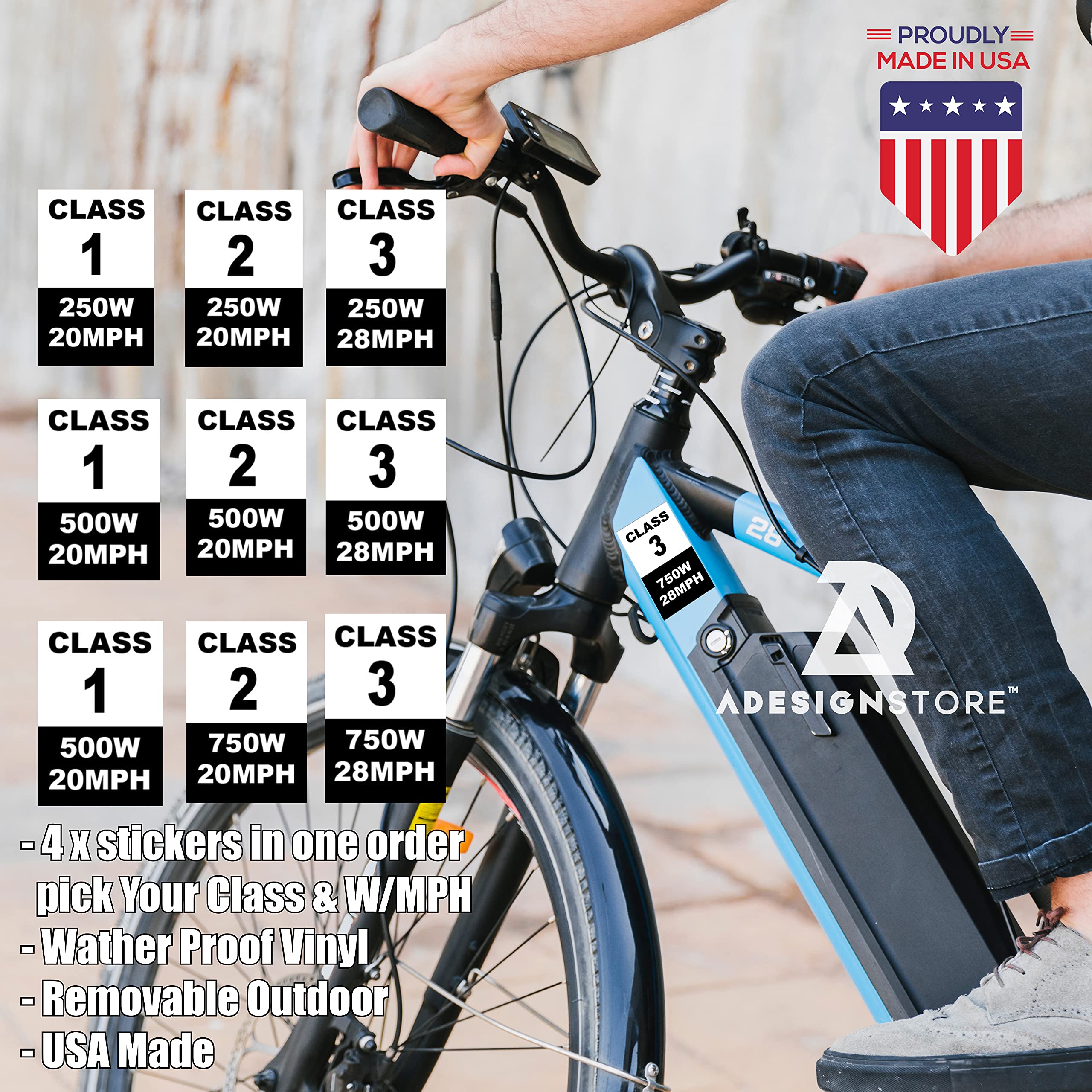 500W Electric Bike Frame Stickers - Class 2 20MPH Weatherproof Vinyl Decals for E-Bike Identification (Set of 4 Removable Stickers) - Perfect for E-Bike Registration, Commuting & Off-Road Cycling