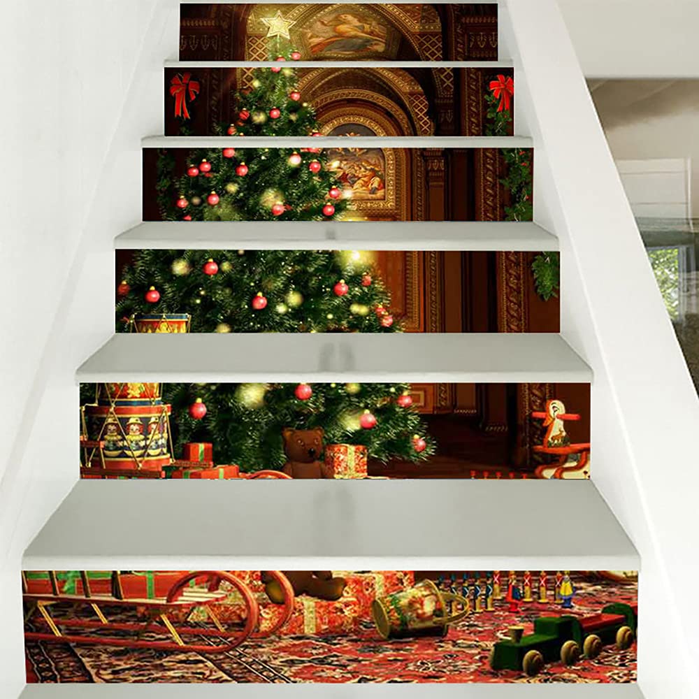 3D Christmas Tree Stair Risers Decals - 6Pcs Removable Holiday Stair Stickers for Steps, Xmas Staircase Decorations, Festive Wall Stickers for Indoor Home Christmas Decor (Perfect for Staircase, Hallway & Holiday Party Decor)
