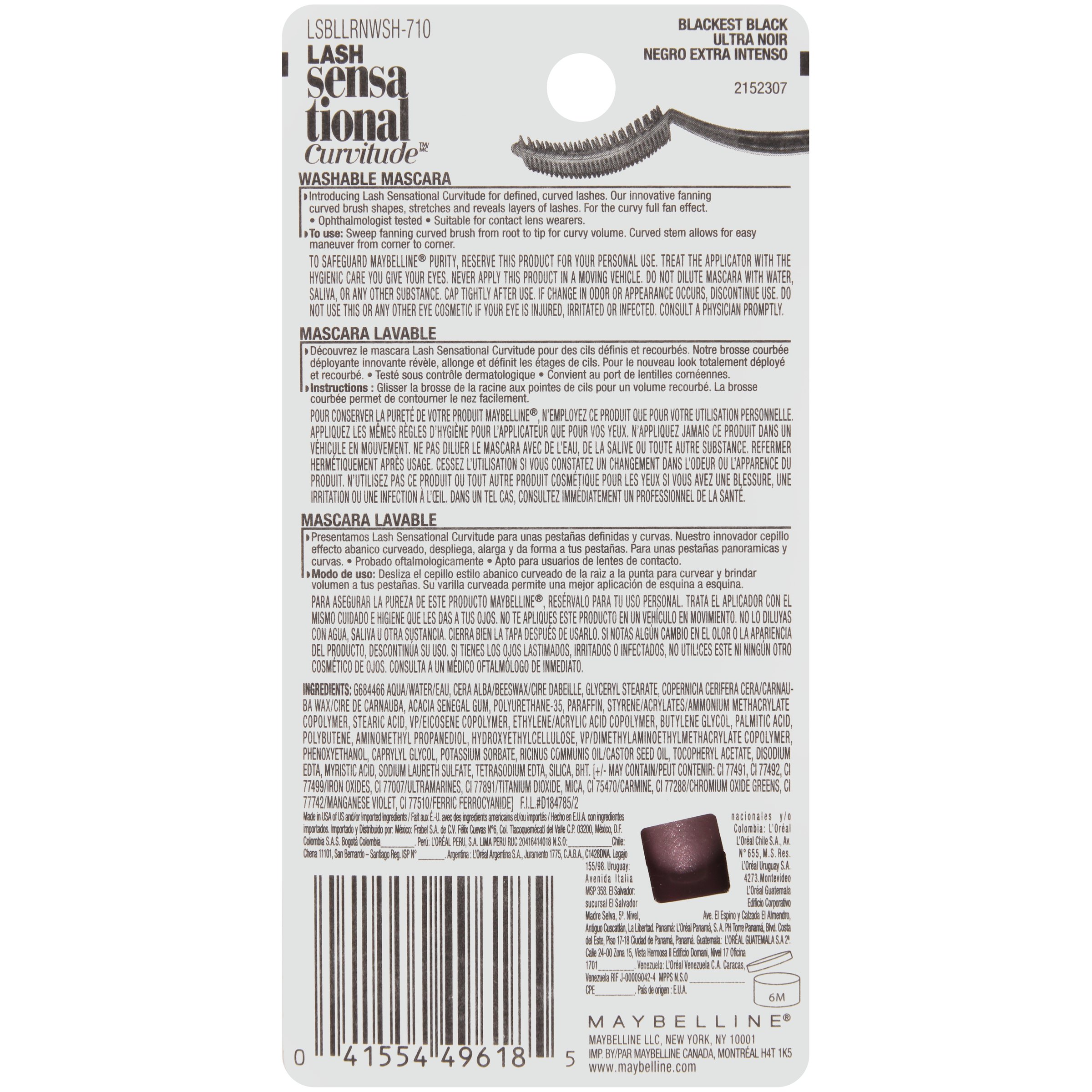 Maybelline New York Lash Sensational Curvitude Washable Mascara - Blackest Black 0.33 fl oz - Volumizing & Lengthening for Dramatic Lashes - Perfect for Daytime & Nighttime Makeup Looks