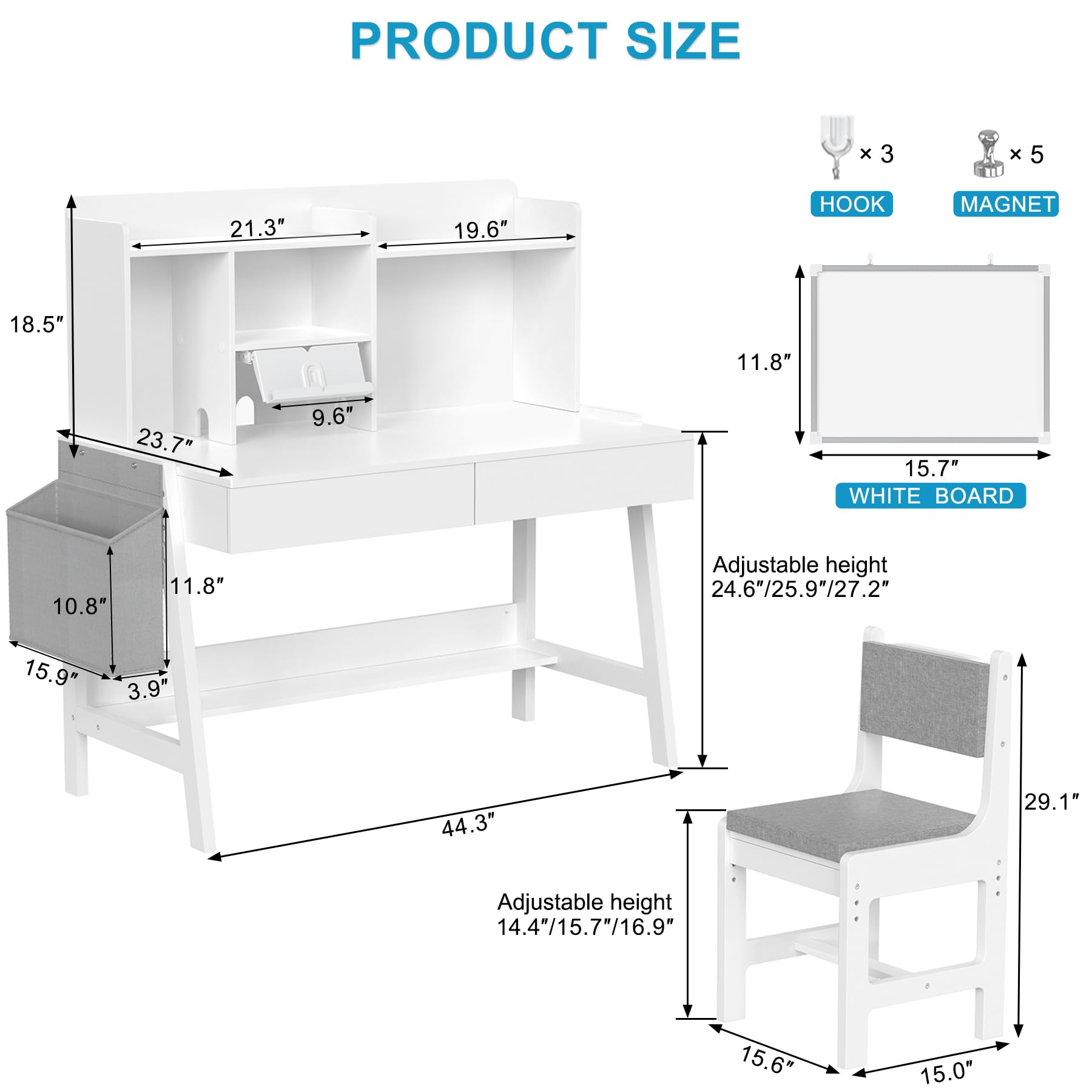 GDLF Adjustable Kids Study Desk and Chair Set with Hutch, Drawers & Whiteboard - Ergonomic Wooden Children's Study Table with Book Stand & Fabric Storage Bag for Ages 5-12 - Perfect for Homeschooling, Online Learning & Bedroom Study Space