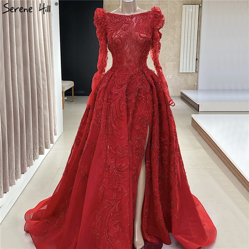 Serene Hill Muslim Red Luxury Evening Dress Gown 2025 Lace Beaded A-Line High Slit for Women - Elegant Party & Wedding Guest Dress - Perfect for Formal Events, Galas, and Special Occasions
