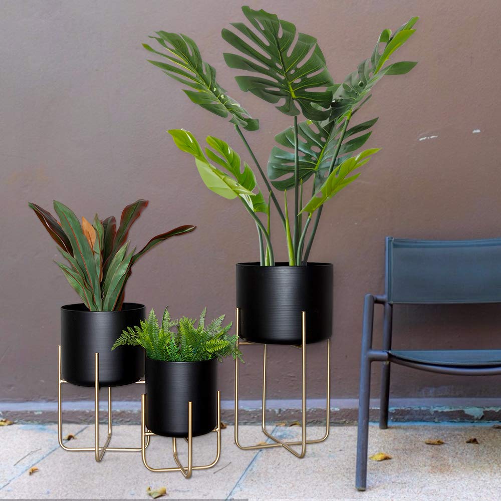 Sinolodo 3-Pack Large Floor Standing Planters with Metal Stand - Extra Large Black & Gold Flower Pots for Indoor/Outdoor Trees, Plants & Home Decor