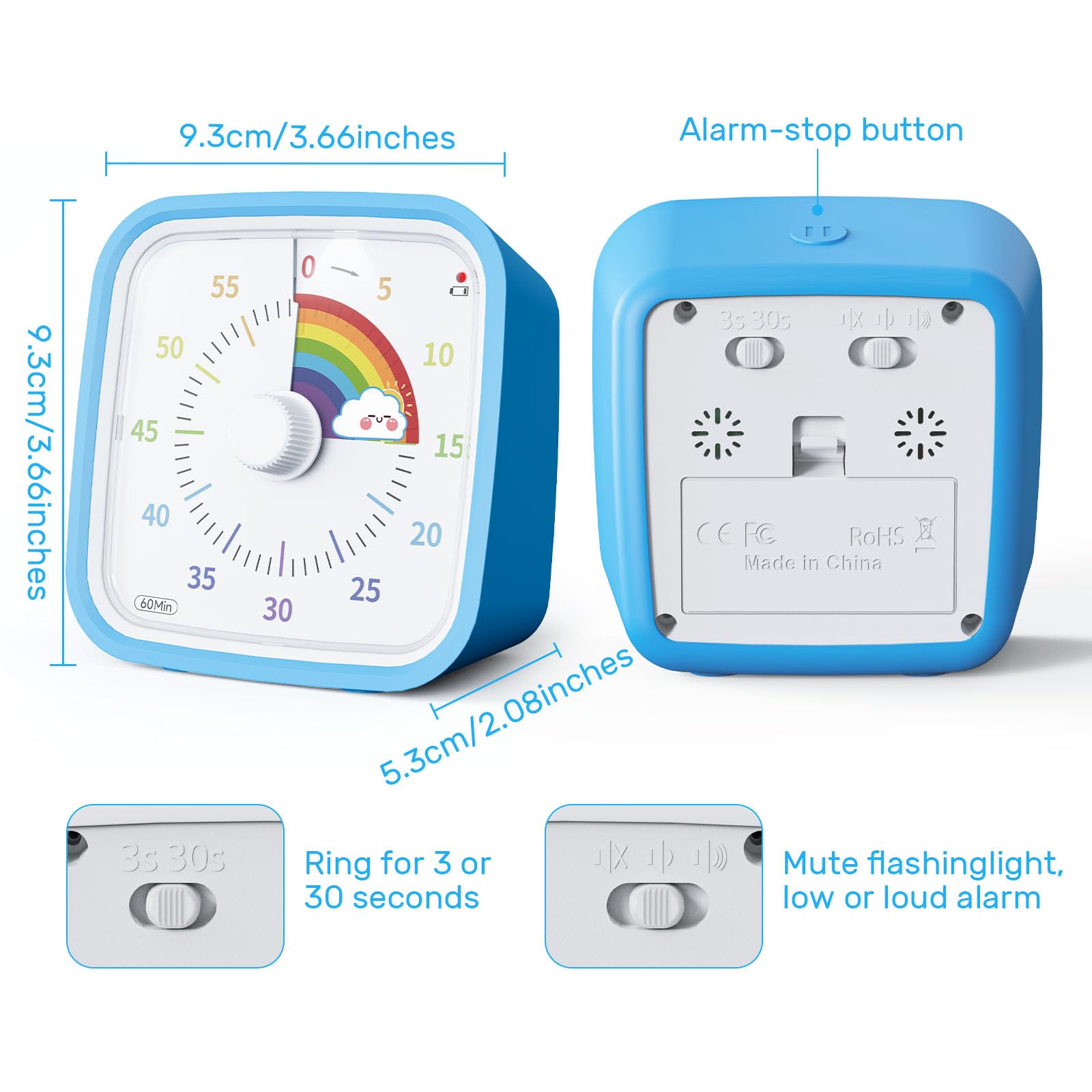 60 Minute Visual Timer with Protective Case - Silent Countdown Clock for Kids & Adults - Time Management Tool for Study, Work, Exercise & Beauty (Blue Rainbow) - Perfect for Classroom, Office & Home Use
