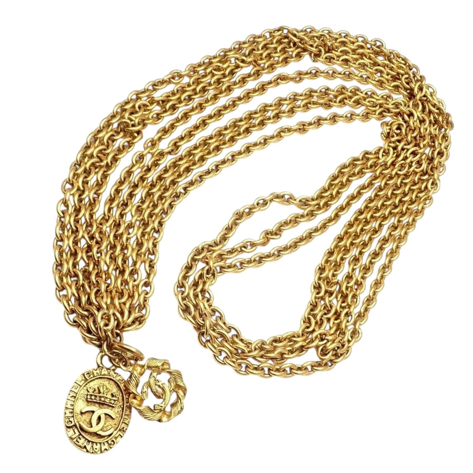 Authentic Chanel Gold Tone 3 Row Draped Clasp Belt Necklace 34