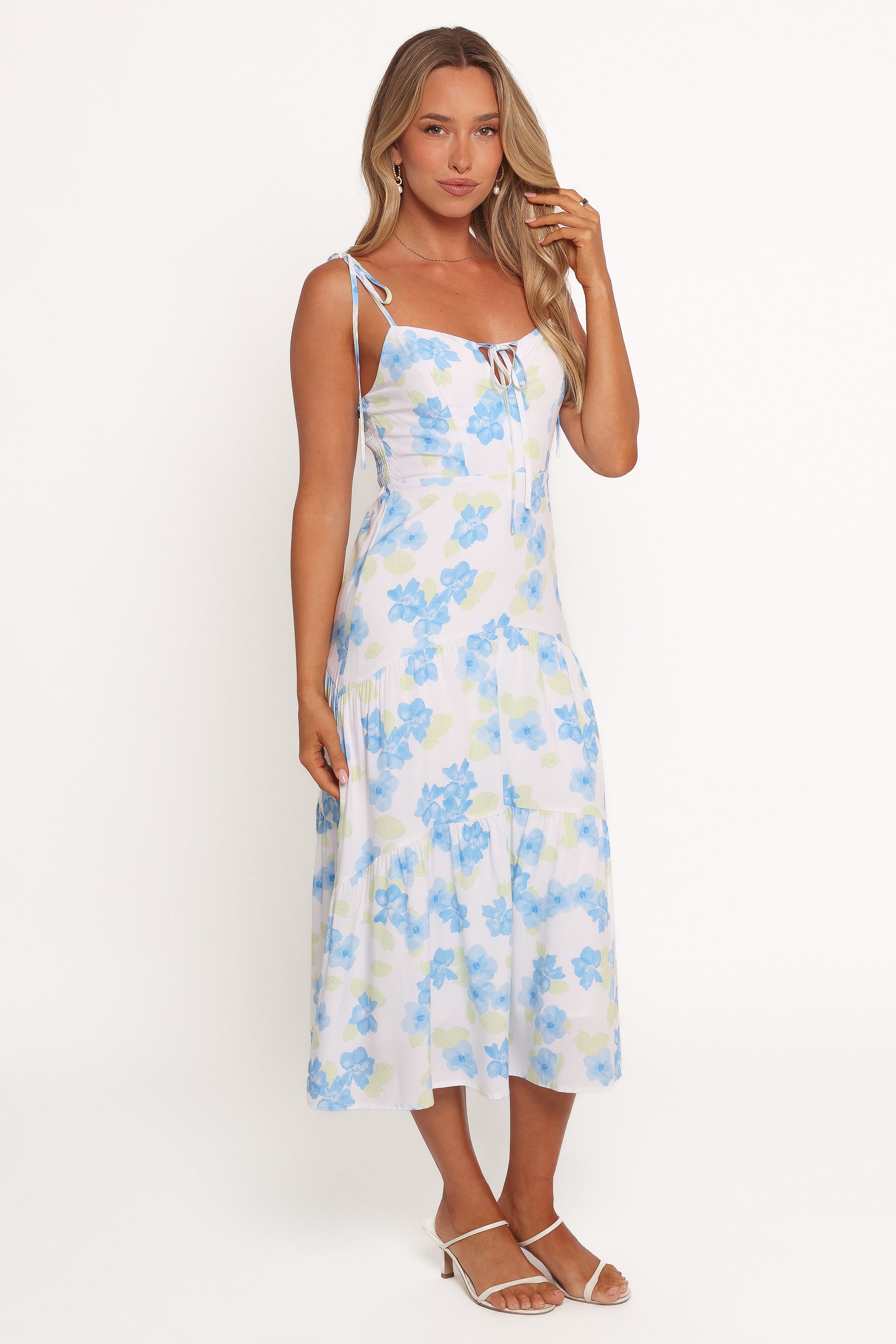Kieran Midi Dress - Blue Floral Print Women's Summer Dress | Casual & Party Wear for Beach, Wedding & Date Night