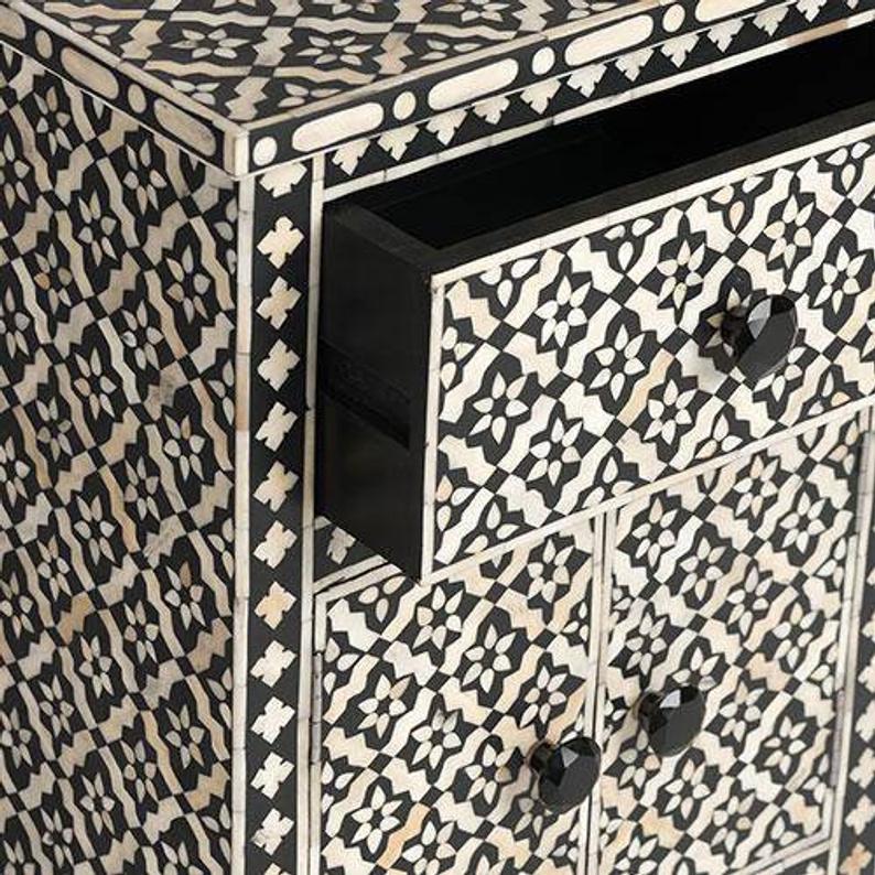 Handmade Bone Inlay Geometric Nightstand - Black Wooden Bedside Table with 2 Doors & 1 Drawer - Perfect for Modern Bedroom, Guest Room, or Apartment Decor