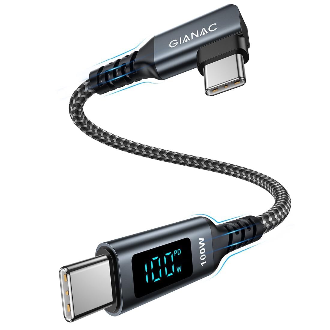 100W USB C to USB C Fast Charging Cable [0.3M] - 90 Degree Right Angle PD 5A Charger with LED Display - Compatible with MacBook Pro/Air, iPad Pro, iPhone 15, Huawei, Google Pixel & More - Perfect for Travel, Office & Home Charging