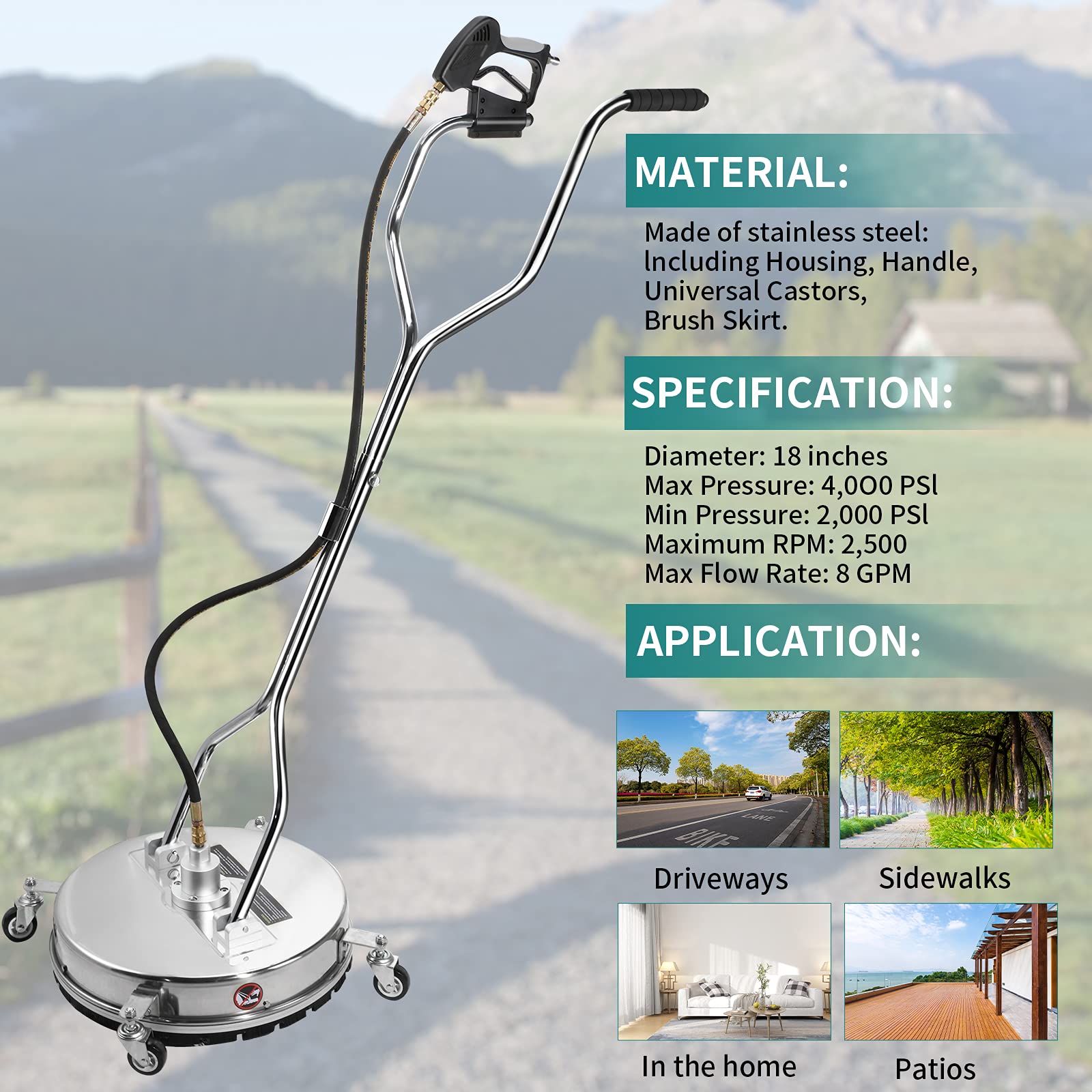 18-Inch Pressure Washer Surface Cleaner - 4500 PSI Stainless Steel Power Washer Attachment for Driveways, Decks & Concrete Cleaning - Heavy Duty Floor Scrubber Accessory for Professional & Home Use