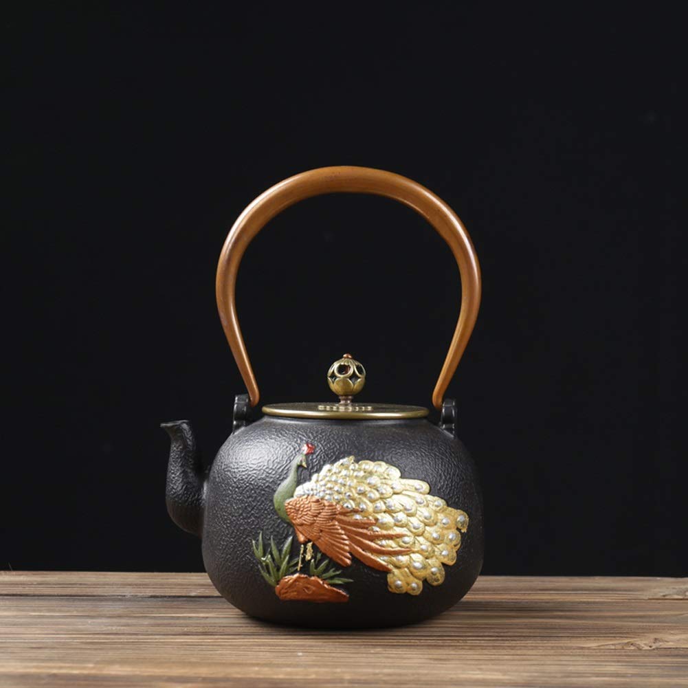 Premium Cast Iron Teapot with Peacock Pattern - 1200ml Japanese Tetsubin Tea Kettle for Electric & Ceramic Stoves - Healthy Iron-Enriched Brewing - Perfect Gift for Tea Lovers (Black) - Ideal for Home, Office, and Tea Ceremonies