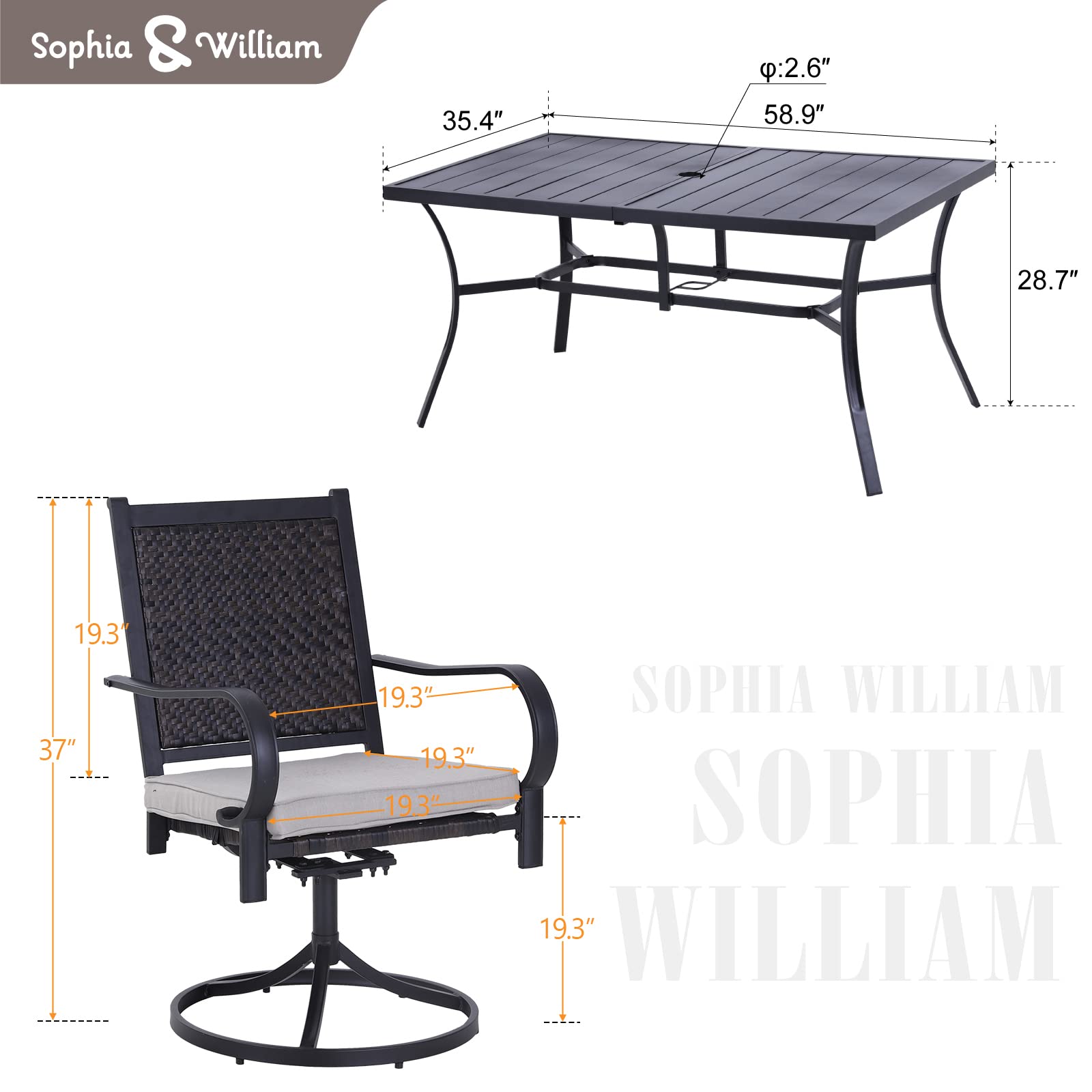 Sophia & William 7-Piece Patio Dining Set - Weather-Resistant Rattan Wicker Outdoor Furniture with 6 Chairs & 1 Metal Umbrella Table for Garden, Backyard, Lawn | Perfect for Outdoor Entertaining & Alfresco Dining