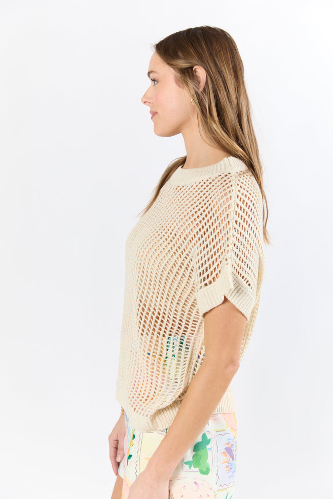 Wave Of Relief Beige Short Sleeve Open Knit Cover Up Sweater - Lightweight Summer Beach Cover Up, Boho Chic Loungewear for Women, Perfect for Poolside, Vacation & Casual Outings