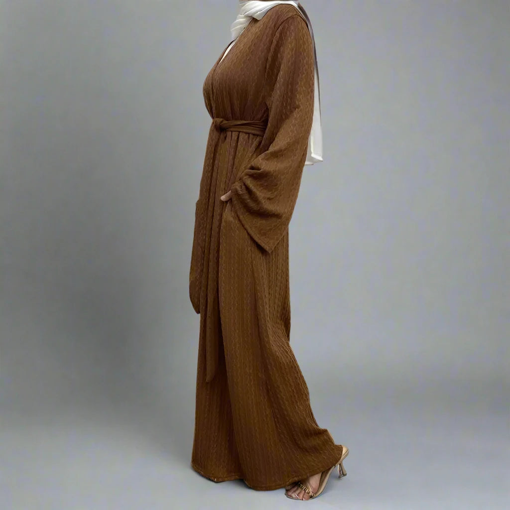 Muslim Women's Winter Wool Open Abaya Dress with Pockets - Elegant Long Dress for Prayer, Mosque & Special Occasions