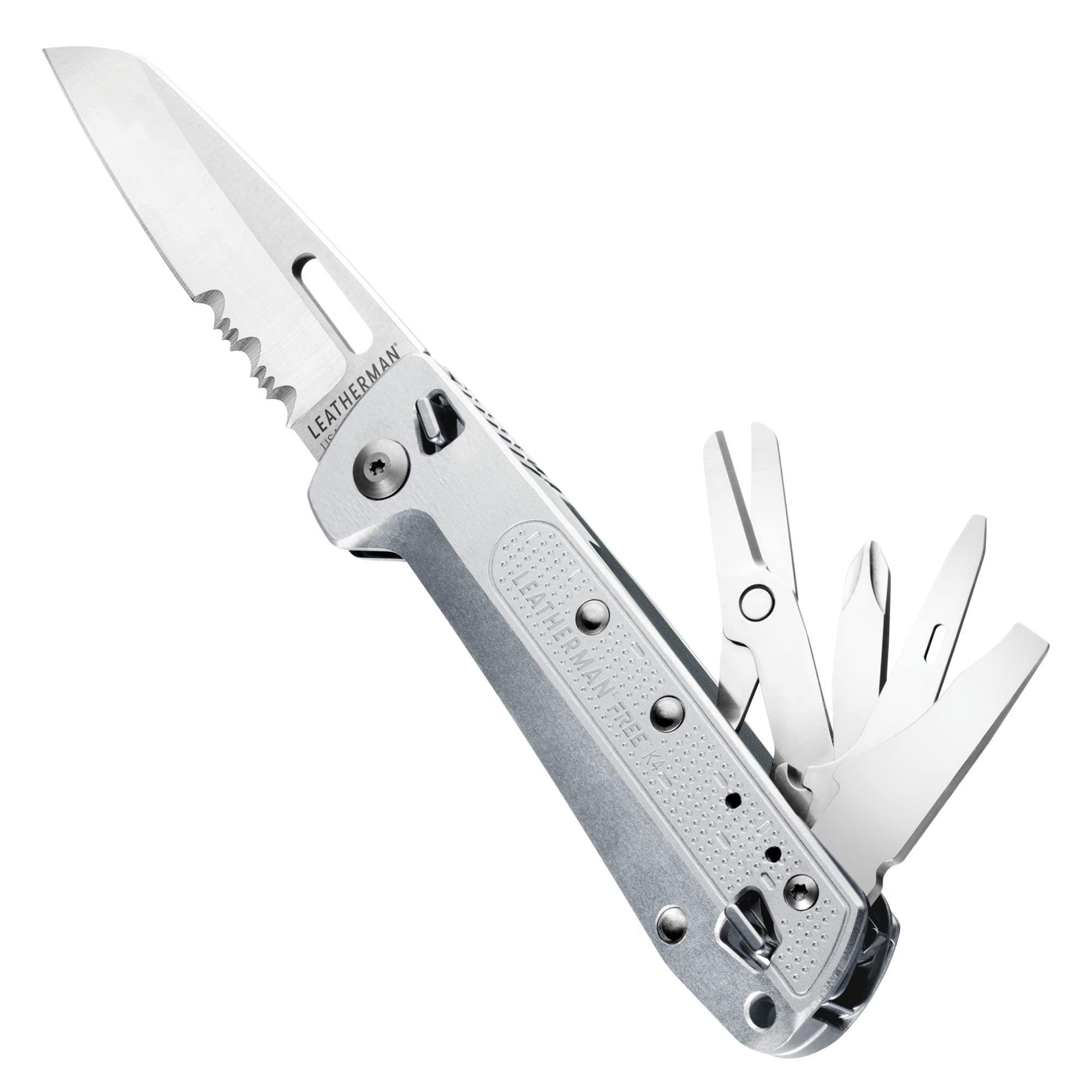 LEATHERMAN FREE K4 EDC Pocket Multitool with Knife - Magnetic Locking, Aluminum Handles & Clip - Made in USA - Silver (Serrated Blade) - Perfect for Camping, Hiking & Everyday Carry