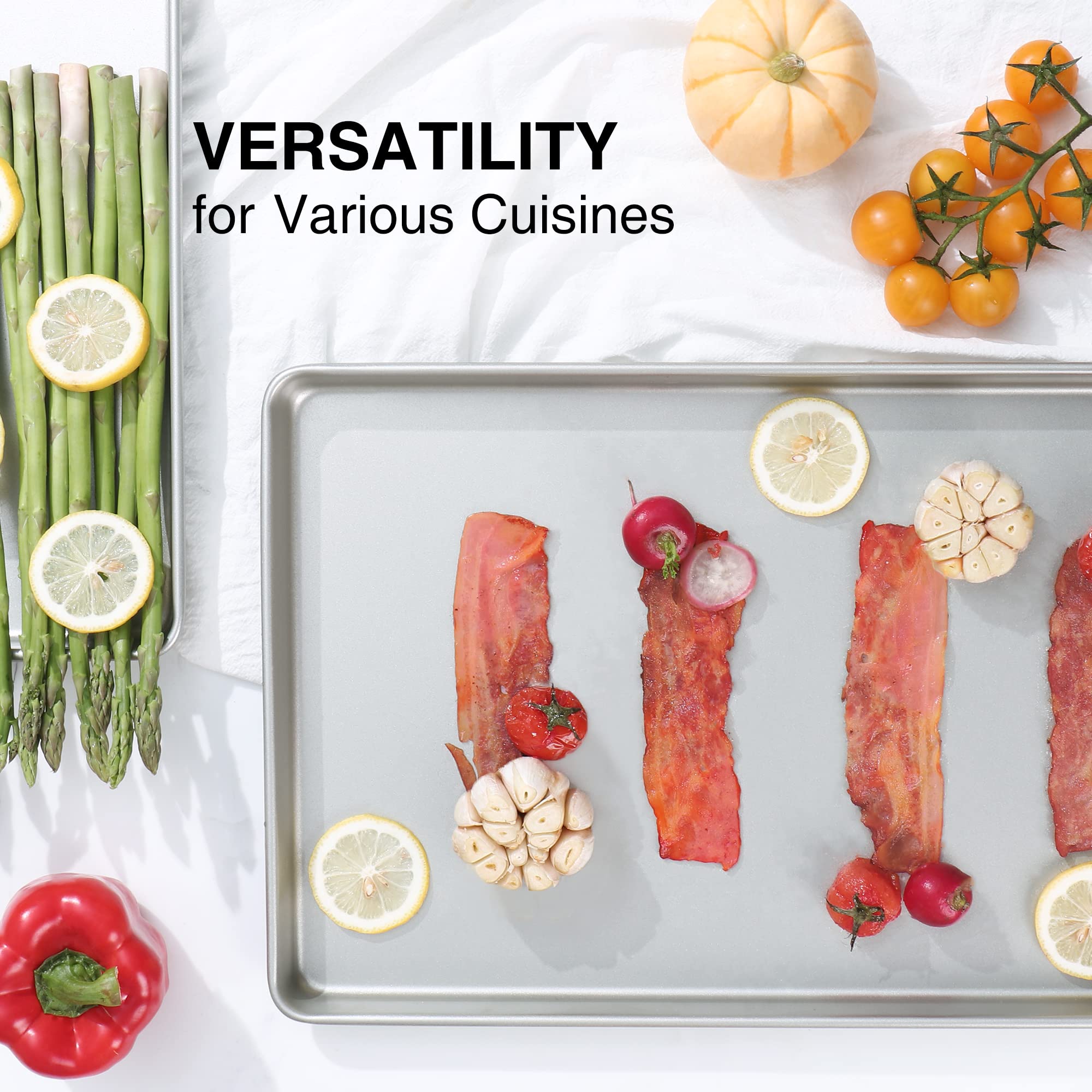 HONGBAKE 2-Pack Nonstick Half Baking Sheet Pan Set - Heavy Duty Commercial Cookie Trays for Oven, Dishwasher Safe, Silver | Perfect for Baking Cookies, Roasting Veggies & Meal Prep