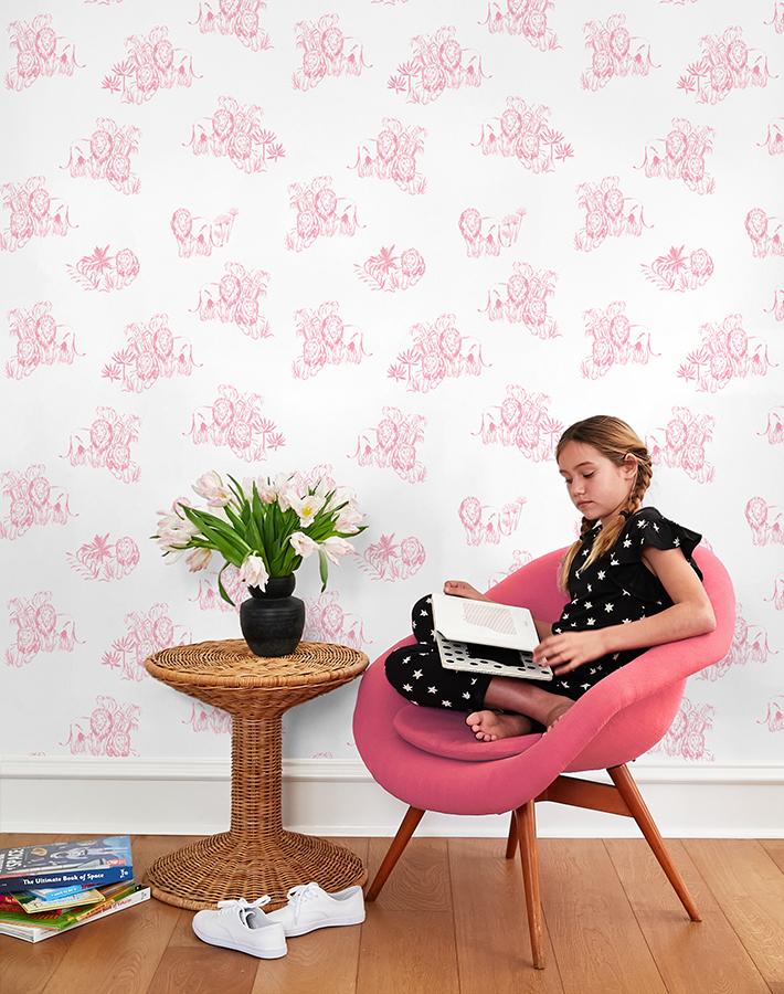 Foliage Lions Wallpaper by Tea Collection - Pink Botanical Jungle Theme for Kids Room & Nursery Decor