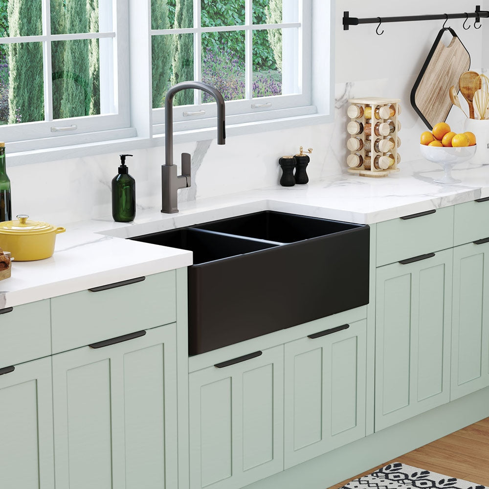 Fienza 68709 Benson Double Butler Sink in Matte Black - Premium Stainless Steel Kitchen Sink for Modern Farmhouse & Luxury Home Renovations (Perfect for Busy Kitchens & Entertaining Guests)