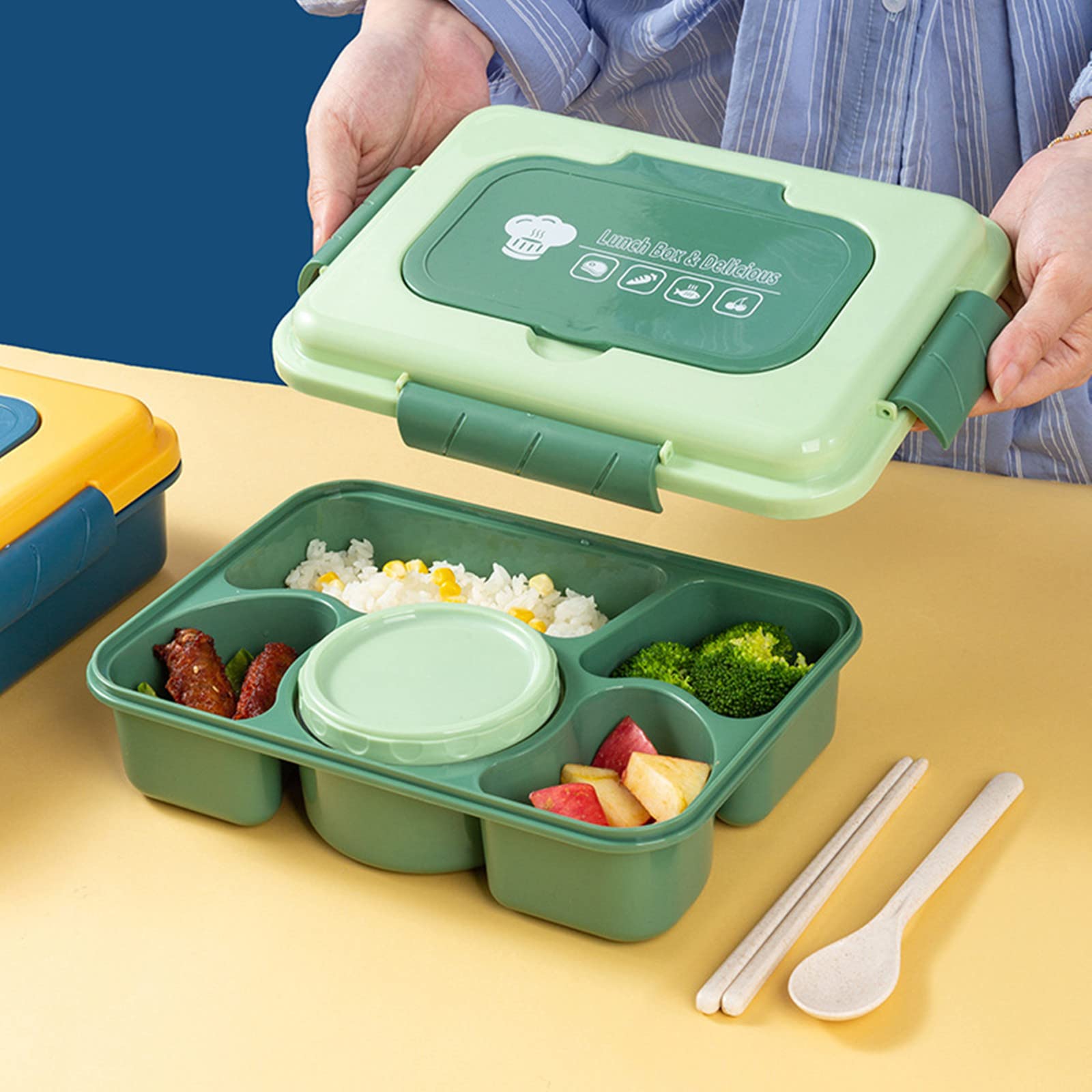 Bento Lunch Box for Kids & Adults - 1600ML 5-Compartment Microwave Safe Food Container with Built-In Reusable Spoon, BPA-Free - Perfect for School, Office, Picnics & Meal Prep