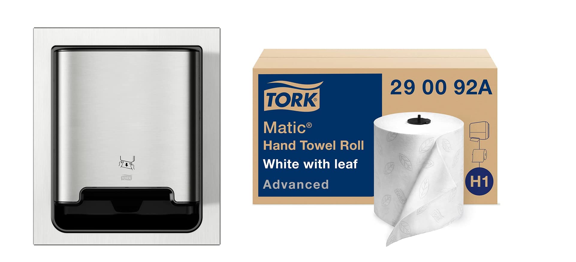 Tork Stainless Steel Paper Hand Towel Dispenser with H1 Refill - 6 Pack Matic Hand Towel Rolls, White & Grey Leaf - Ideal for Restrooms, Kitchens, and Commercial Use
