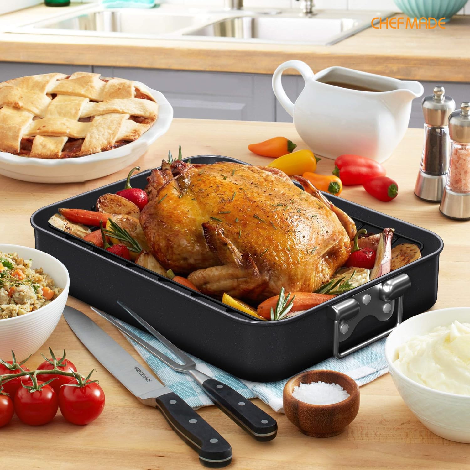CHEFMADE 16 Inch Turkey Roasting Pan with V Rack - Heavy Duty Deep Lasagna Pan for Oven, BBQ, Meat & Vegetables - 16