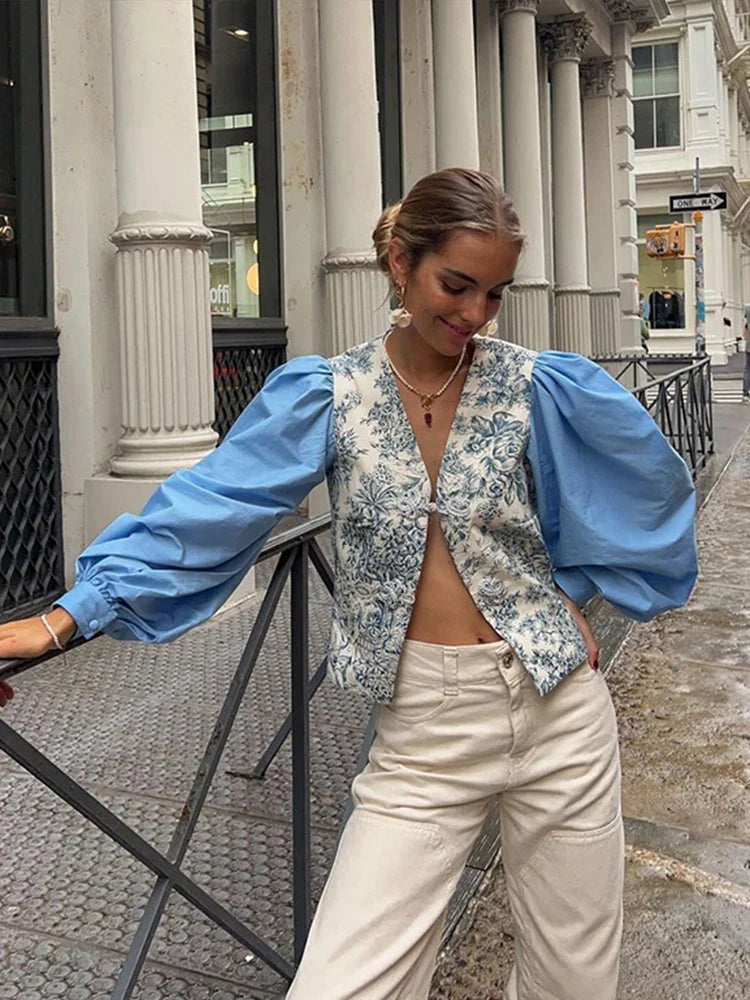 Women's Fashion Print Lantern Sleeve Shirt - Loose Fit Button Down V-Neck Split Top - Summer Patchwork Blue Streetwear Blouse for Casual Outings & Boho Style