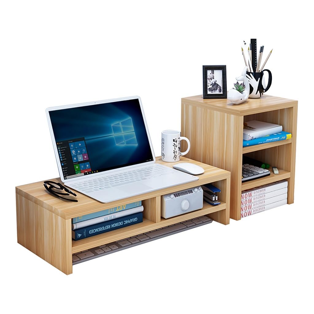 Tyewomiy Wooden Monitor Stand for Computer & Laptop - 3-Tier Desk Organizer with Storage Shelves (75.7x25x27.6cm) - Perfect for Home Office, Gaming Setup & Workspace Organization