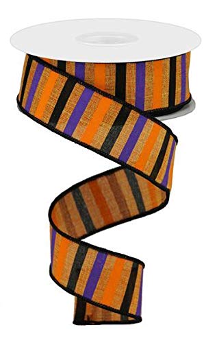 Horizontal Stripe Wired Edge Ribbon - 10 Yards Bulk Roll (Orange, Purple, Black, 1.5 Inch Wide) for Gift Wrapping, Bow Making, DIY Crafts, Party Decorations