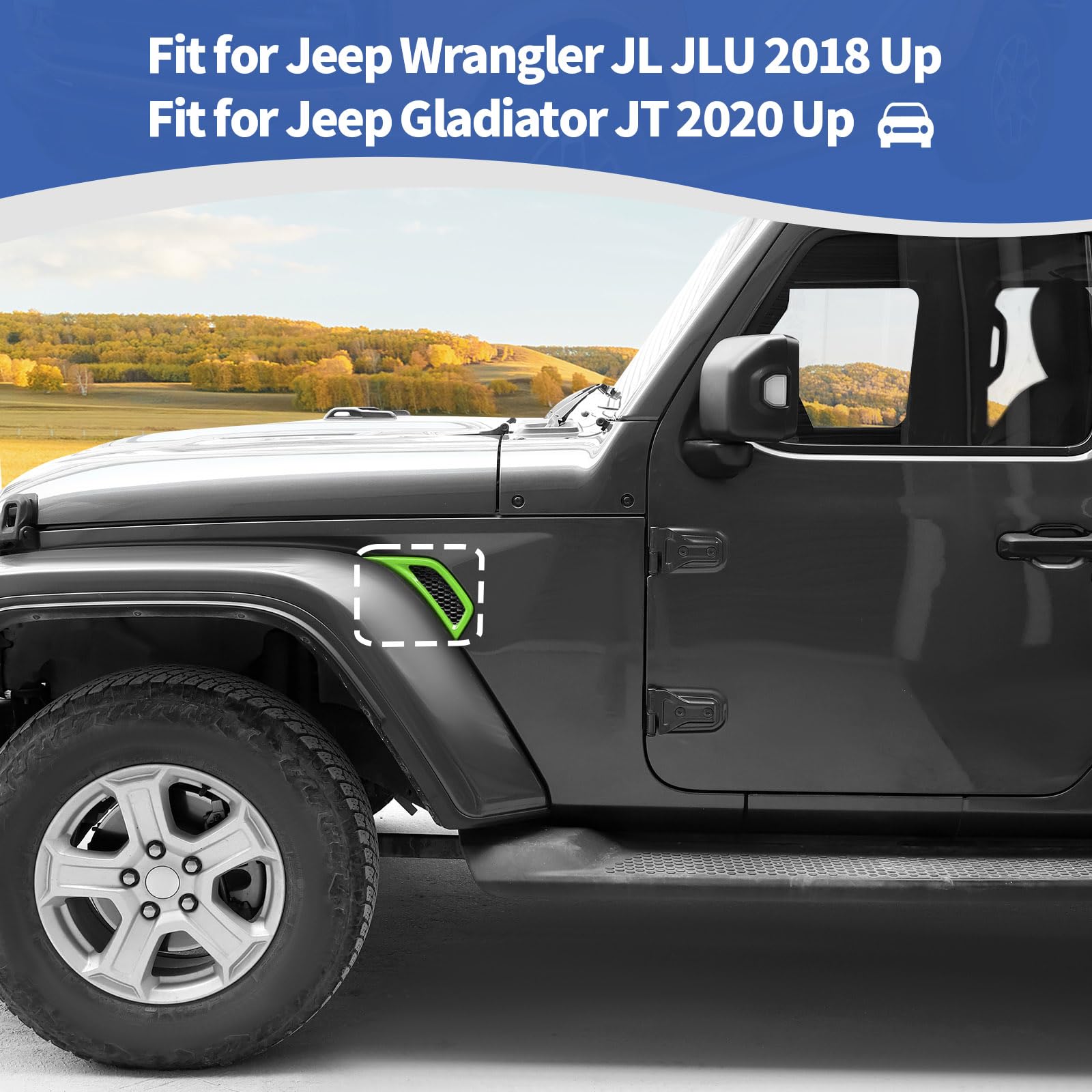 Jeep Wrangler JL JLU & Gladiator JT Side Fender Vent Decal Trim Cover - RT-TCZ Exterior Accessories (2018-2024 Models, Green, 2-Piece Set) - Enhance Off-Road Style & Protection for Your Jeep Adventure