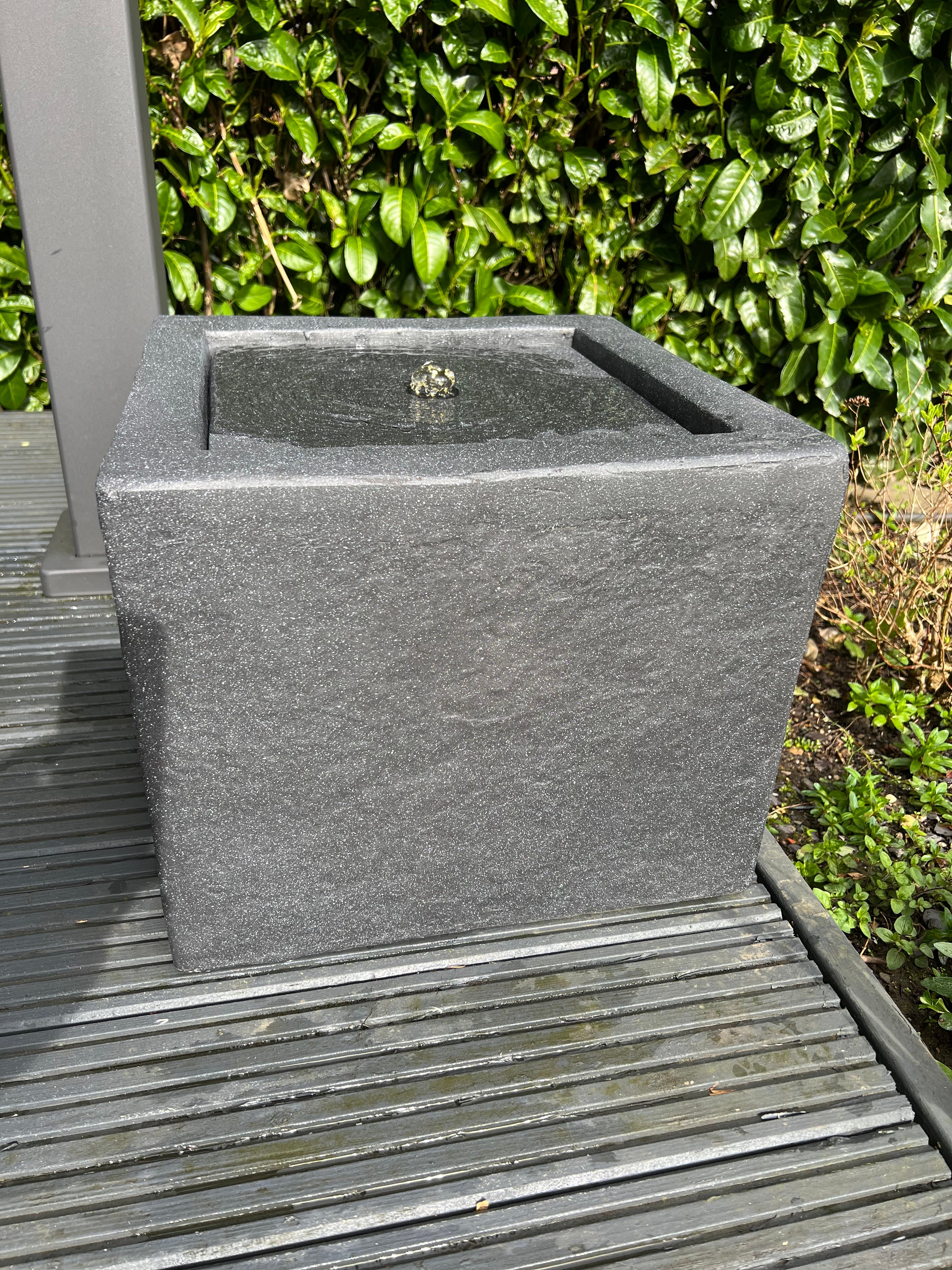 Square LED Water Fountain with Lights - Indoor/Outdoor Plug-in Powered Dark Grey Modern Water Feature (37x37x30cm) for Garden, Patio, Living Room Decor
