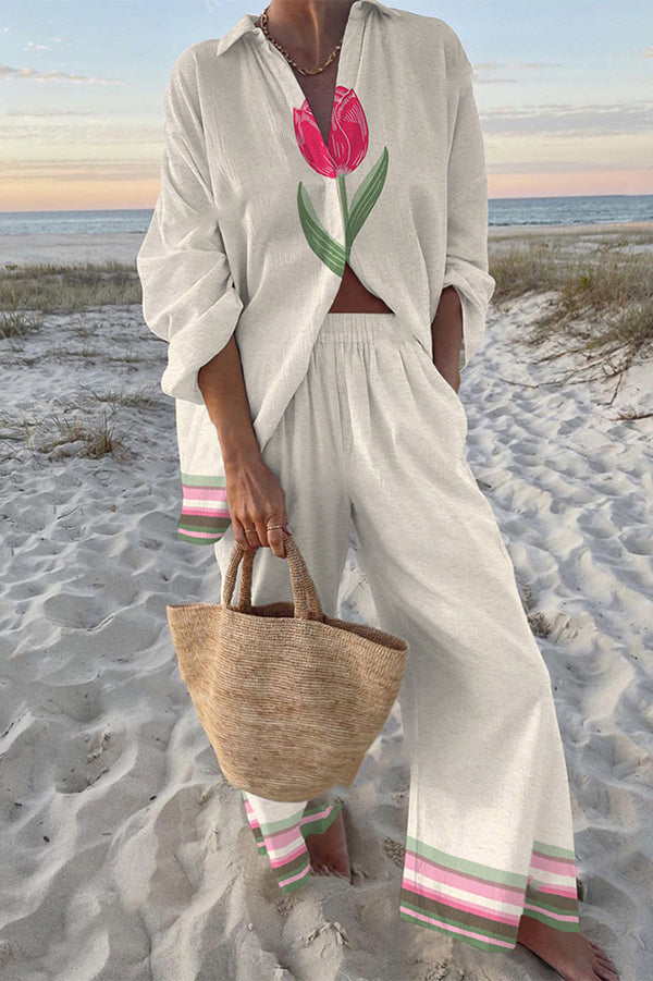 Floral Tulip Print Oversized Shirt & Stretchy Waist Pocket Pants Set - Comfortable Casual Outfit for Women, Spring Summer Loungewear, Vacation Travel Clothes