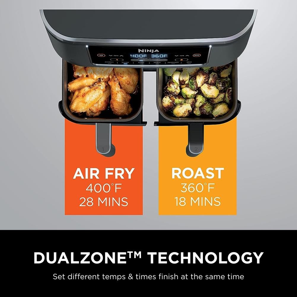 Ninja DZ201 Foodi 8 Quart 6-in-1 DualZone Air Fryer with 2 Independent Baskets - Smart Finish, Match Cook, Roast, Broil & Dehydrate - Perfect for Family Dinners, Meal Prep & Healthy Cooking - Grey