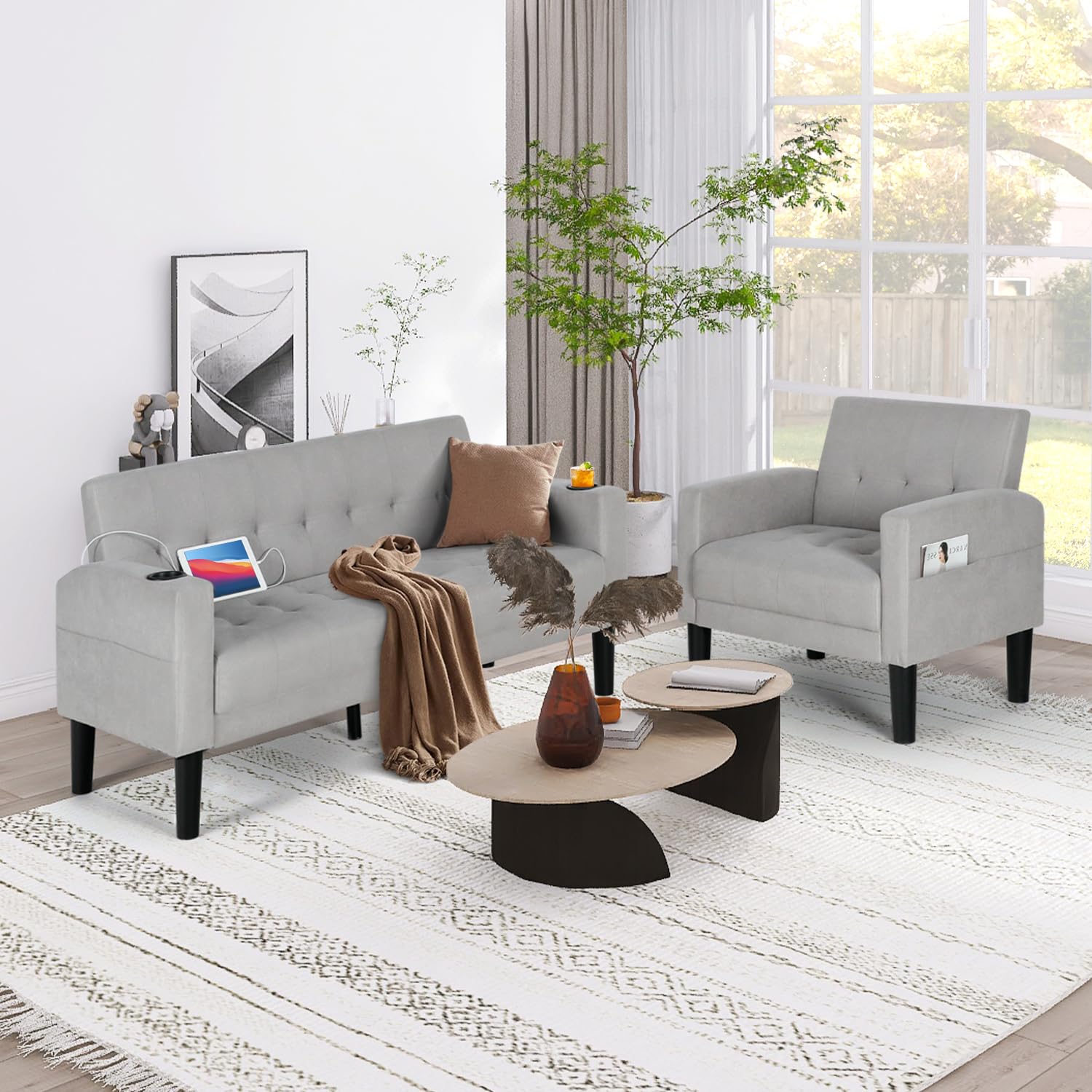 AILEEKISS 2-Piece Modern Fabric Sectional Sofa Set with USB Chargers, Cup Holders & Side Pockets - Loveseat & Single Seat Couch for Living Room, Apartment, Office (Light Grey) | Perfect for Small Spaces, Movie Nights & Home Decor